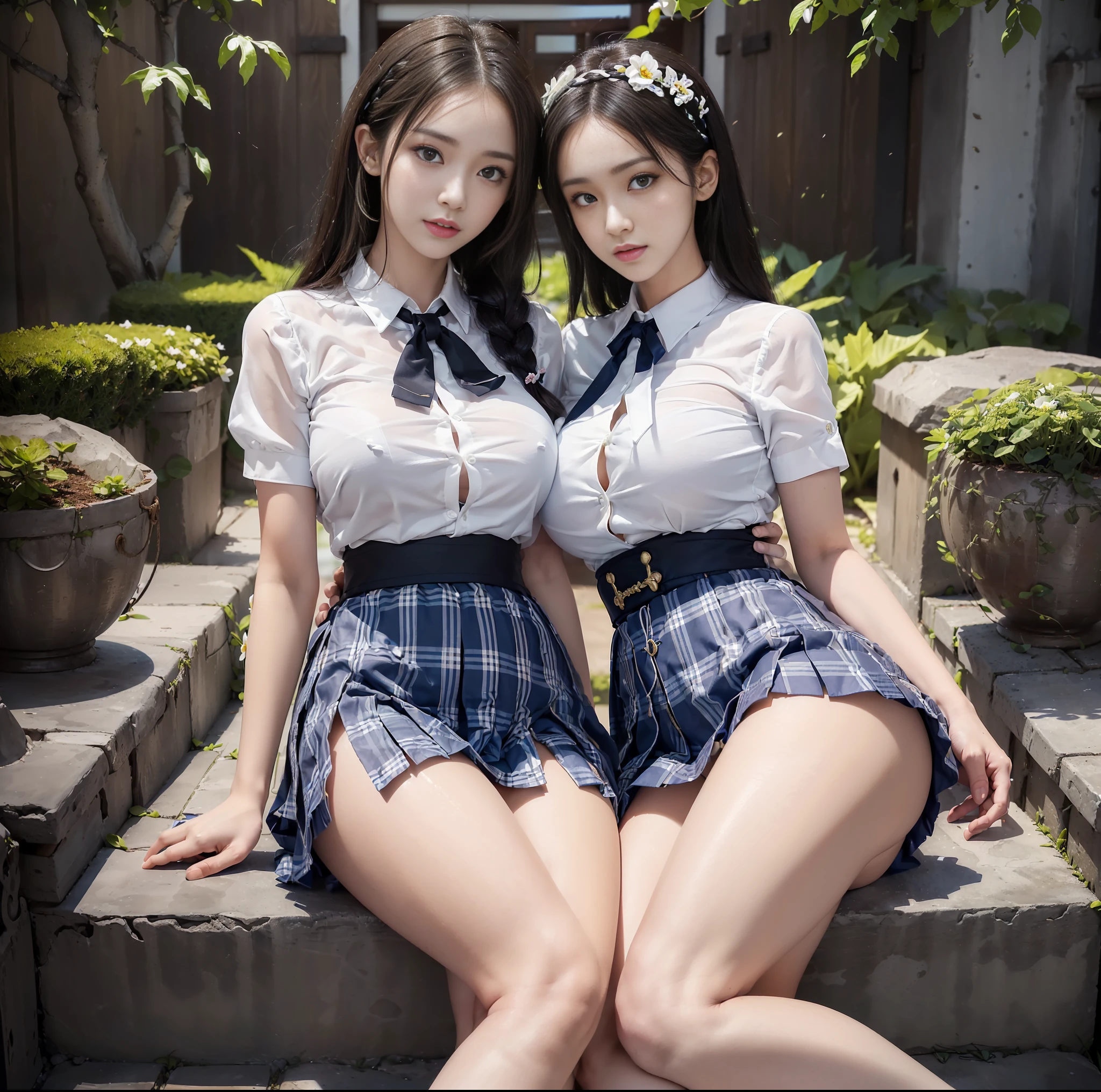 ulzzang-6500-v1.1, (top quality, masterpiece), (raw photo: 1.2), (photorealistic: 1.4), highest quality, master, very tasty and beautiful, highly detailed CG, 8k wallpaper, amazing fine details, master masterpiece, official art, huge file size, high resolution, 2-3 girls, ( snugly next to each other without separation between characters), (there is no break in one piece), s to thirties, (representation of the human body based on precise anatomy), intricate details, Japan schoolgirl uniform, (neat white blouse of smooth sheer fabric with ribbon tie), (ultra mini navy blue tartan check pleated skirt), ( Everyone is wearing the same clothes), (tightly dressed), (less revealing upper body), (white panties), (fastening all buttons of the blouse)), blonde, (((very large breasts)), (very large women), (very large), (cramped clothes), (no bra), (area shows through skin tone), (dark areolas), small, (big buttocks), ( thin thighs), very beautiful eyes, bright ultramarine eyes, (detailed pupils reflecting light), (the iris of the eye is painted in detail with a fine radial pattern), (the expression of the whites of the eyes is slightly dark), (the upper 30% of the eyes have shadows), no makeup, snug, No makeup, natural eyebrows, realistic shading assuming a light source, cute girl and mature woman beauty, (whitening skin), baby face, smile, long hair half braid, (( poses that emphasize the backward buttocks), cuddling, beautiful gardens with flowers, clear sunshine,