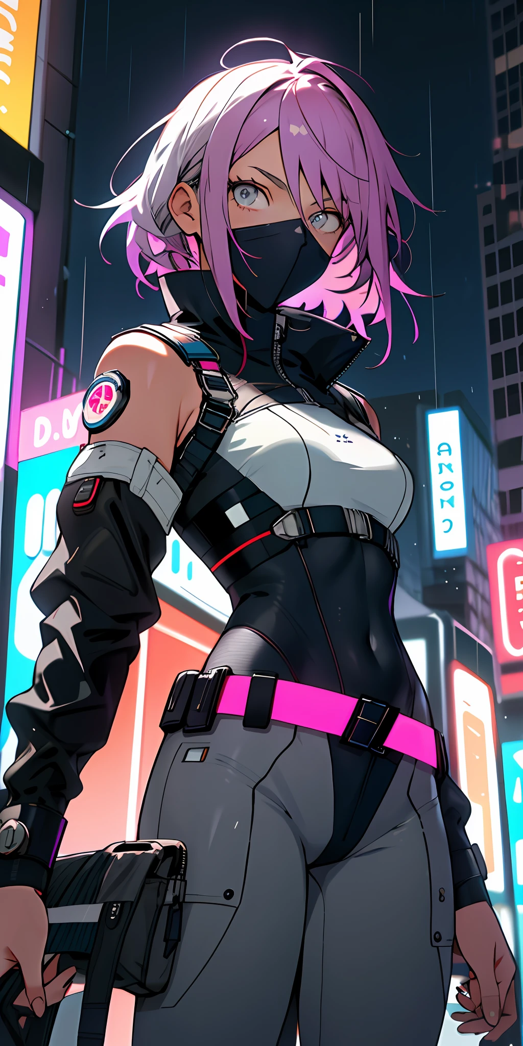 portrait, 1 girl, beautiful face, asymmetrical hair, multi-colored hair, belt, bodysuit, covered mouth, covered navel, detached sleeves, grey eyes, hip vent, open jacket, cute, look at viewer, night city, neon, rainy,