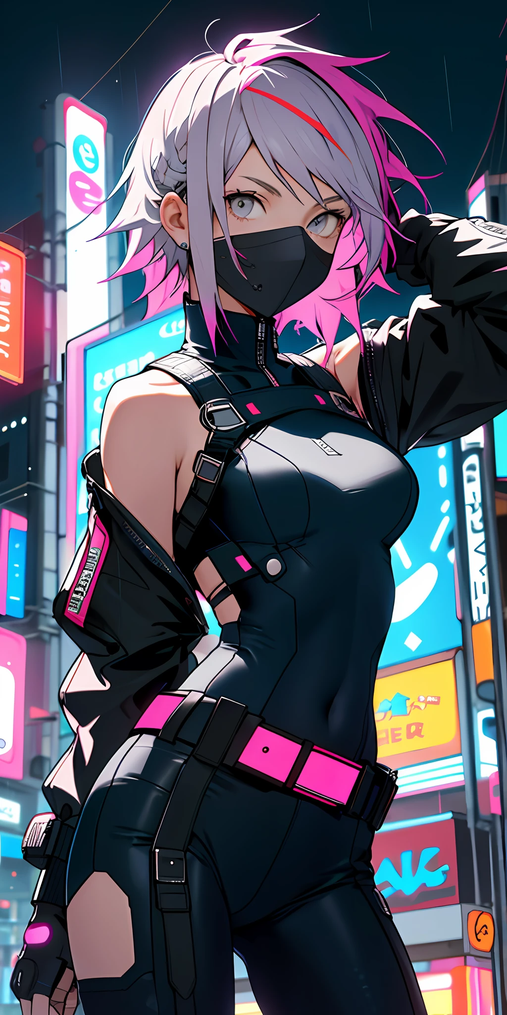 portrait, 1 girl, beautiful face, asymmetrical hair, multi-colored hair, belt, bodysuit, covered mouth, covered navel, detached sleeves, grey eyes, hip vent, open jacket, cute, look at viewer, night city, neon, rainy,