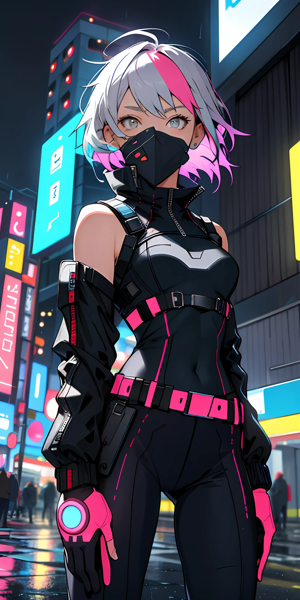portrait, 1 girl, beautiful face, asymmetrical hair, multi-colored hair, belt, bodysuit, covered mouth, covered navel, detached sleeves, grey eyes, hip vent, open jacket, cute, look at viewer, night city, neon, rainy,