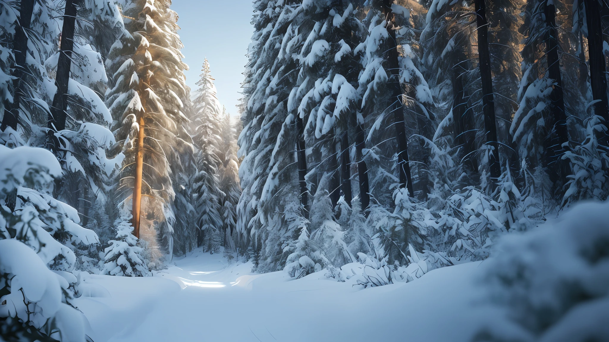 Masterpiece, highest quality, high quality, very elaborate CG Unity 8K wallpaper, taiga, silence, towering conifers covered with forest floor, severe cold, gentle beauty, snow, winter, mild summer, breeze, needles, branches, bokeh, depth field, HDR, bloom, chromatic aberration, photorealistic, very elaborate, popular in art stations, popular in CGSociety, complex, high detail, Dramatic, Art Midway