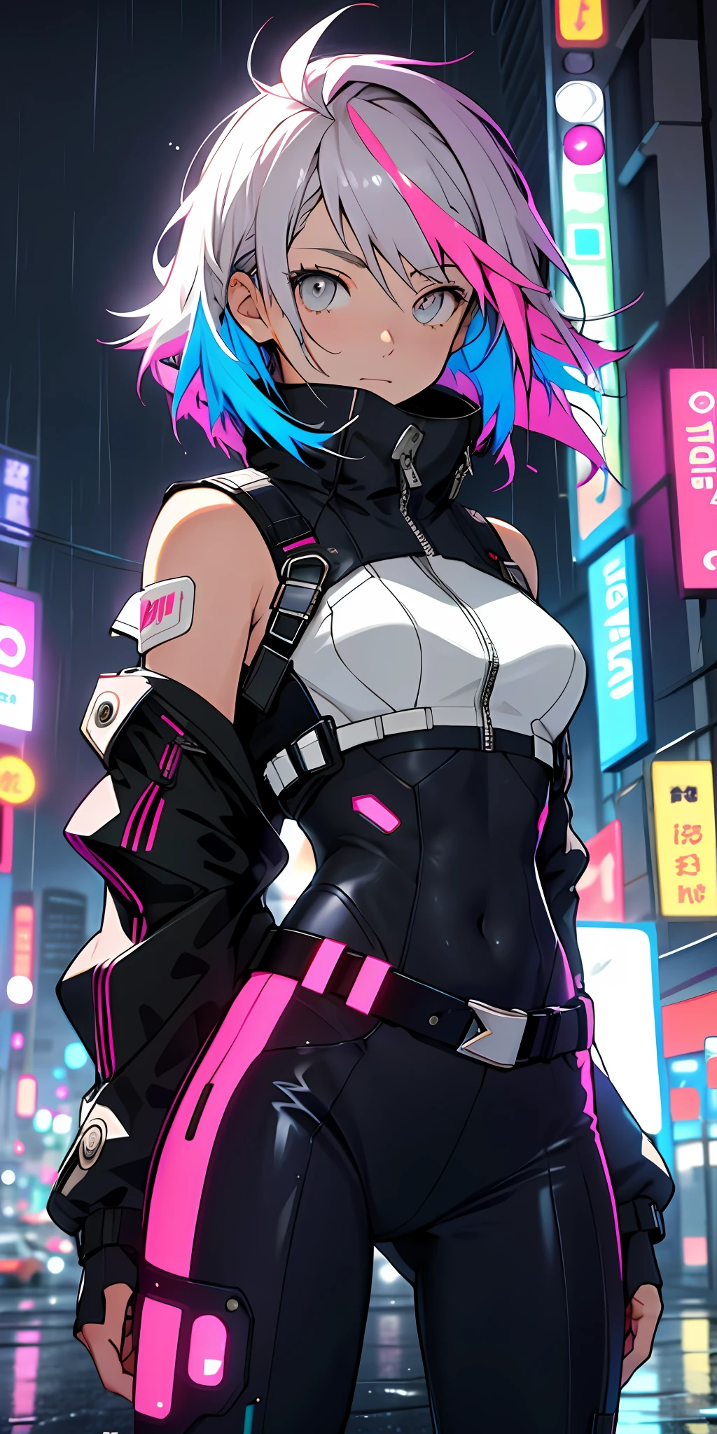 portrait, 1 girl, beautiful face, asymmetrical hair, multi-colored hair, belt, bodysuit, covered mouth, covered navel, detached sleeves, grey eyes, hip vent, open jacket, cute, look at viewer, night city, neon, rainy,