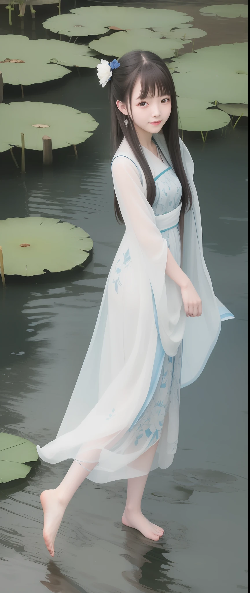 ((4k,masterpiece,best quality)), shuimobysim, traditional chinese ink painting, lotus, hanfu, maxiskit, dress conservatively 1girl, solo, long blue hair, smile, standing, feet in the water, barefoot,