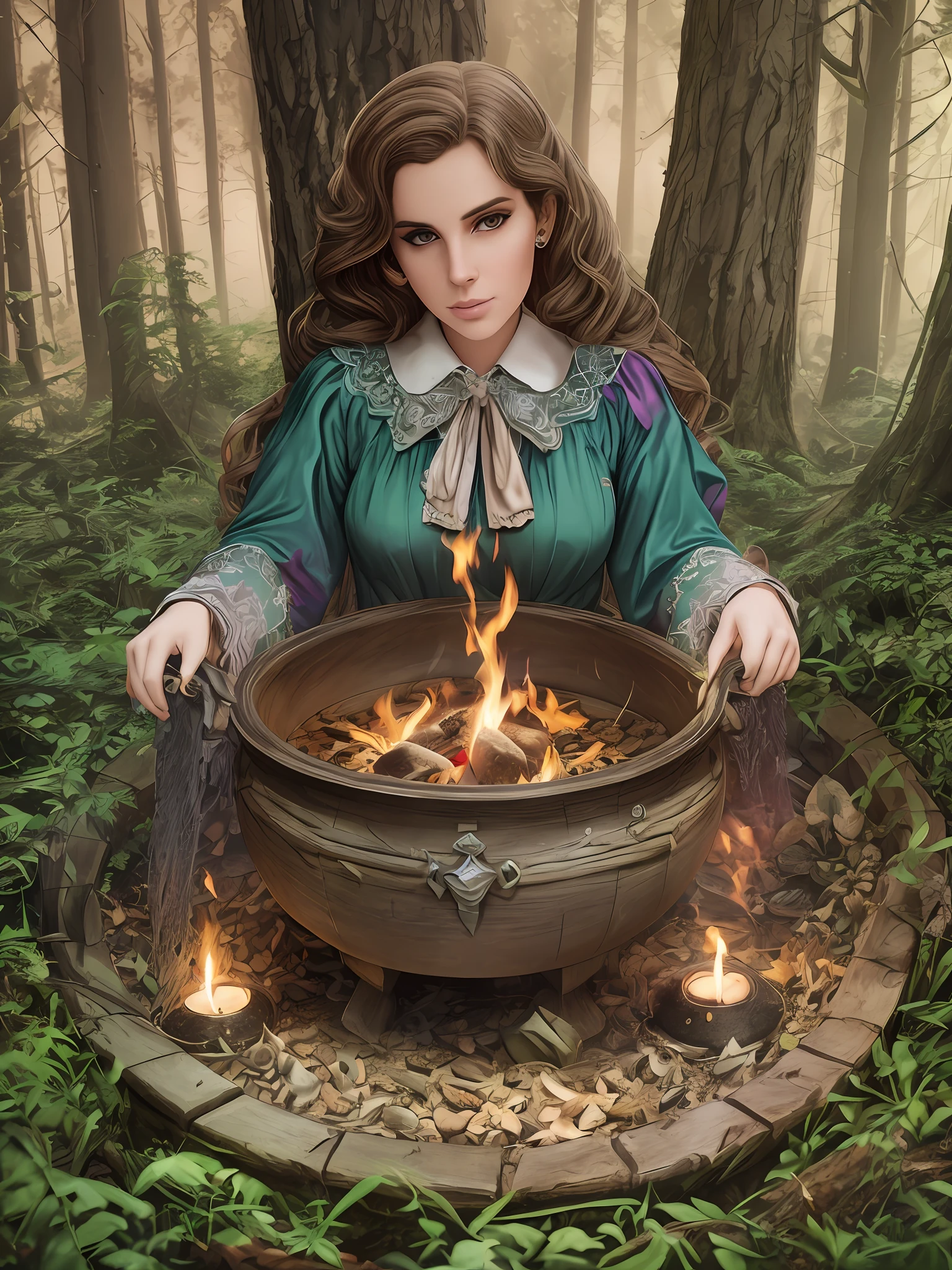 Lana del rey, witch, magic, forest, mystic, 8k, maximum detail, colorful, witch cauldron --auto --s2