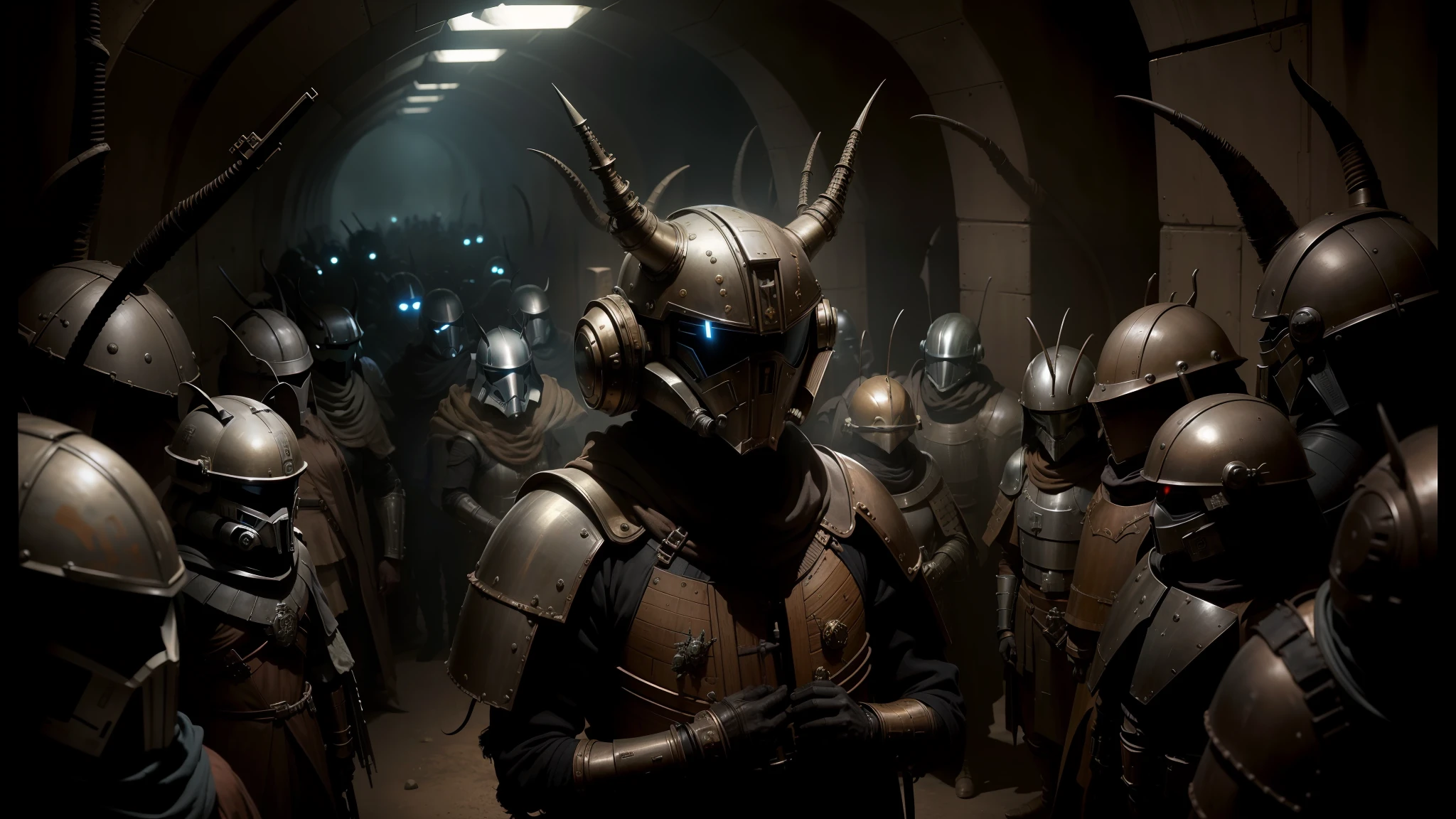 there are many people in armor standing in a tunnel, star wars alien faces, from the tusk movie, by Leon Wyczółkowski, in a steampunk laboratory, steampunk tribal mask, medieval peasants, cockroach character, african female android, movie screencap, scarab, black horns, guards --auto --s2