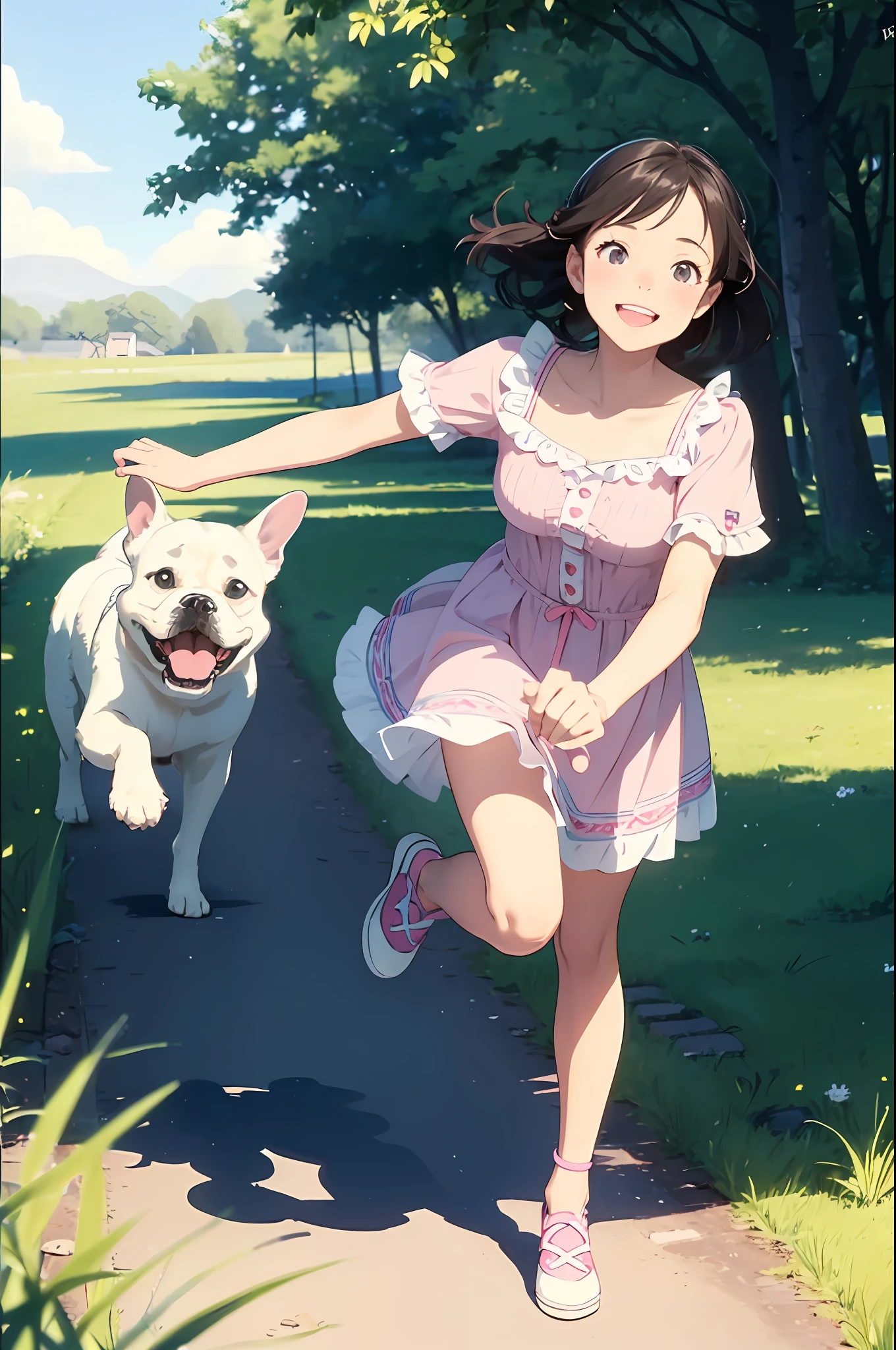 ((masterpiece, top quality, super detail)), cheerful and energetic girl, ((frolicking with the dog)), French bulldog, walking, smiling, happy, sunshine, grass, pink lips, wearing a bright white shirt, dressed in a dress, soft color palette Aurora Punk, her animated illustration face, animation GIF, hand drawn animation, attractive sketch, smooth and shiny, Hazy romanticism, super flat style, white background - AR 1:1 - Rainbow 5 - Style expressive