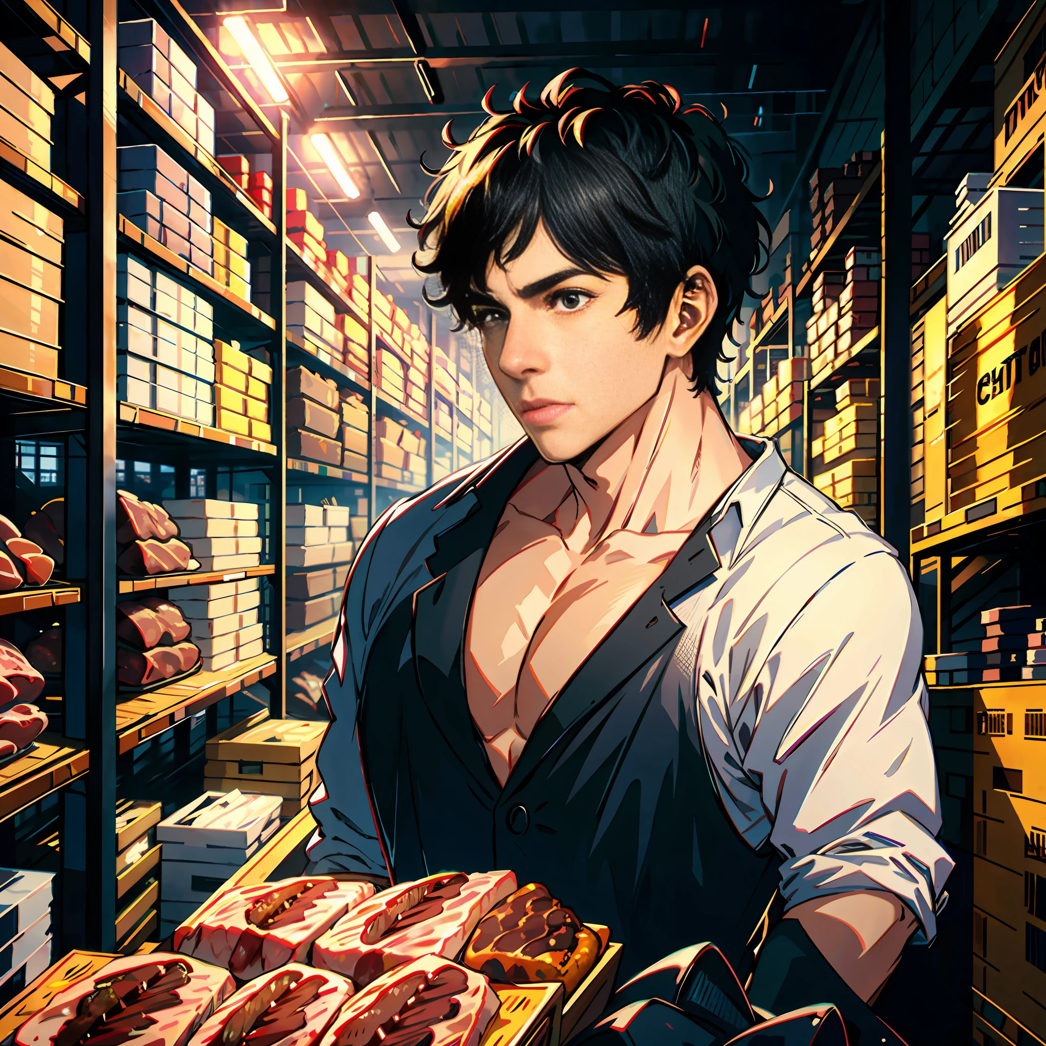 A handsome boy with short black hair, in a huge warehouse, piled with meat, highly real, UHD, chiaroscuro, super high detail