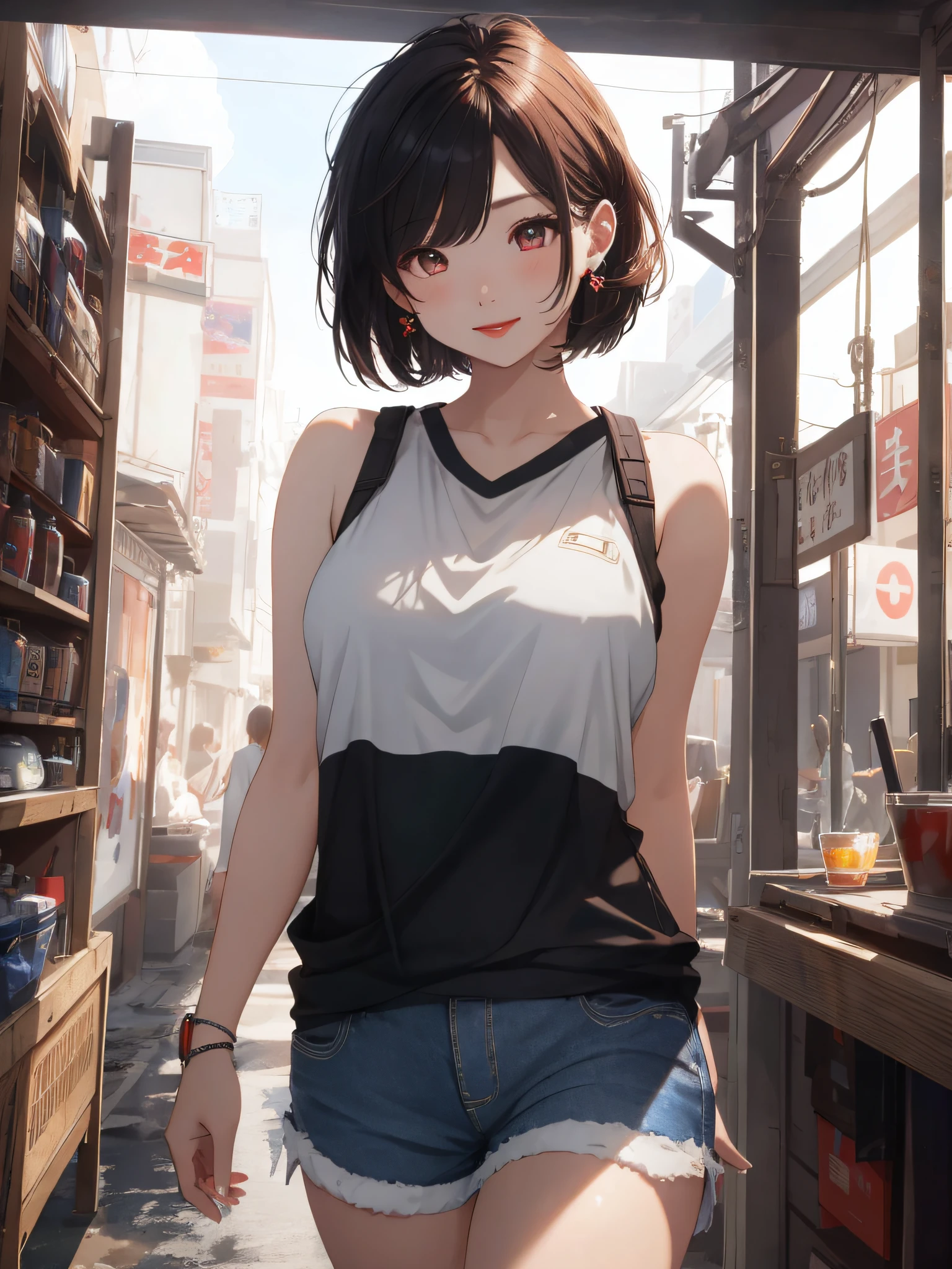 1 girl, beautiful Korean girl, absolutely beautiful, (loose Bob hair), (wearing a sleeveless white casual top, Capri sports shorts: 1.5), wearing headphones (hands in pockets: 1.5), (red lips: 1.3), (big breasts: 1.3), (toned abdomen: 1.3), (eyelashes: 1.2), (aegyo sal: 1.2), (detailed face), immersive background, volumetric haze, global illumination, (flowing hair), (bright smile), natural lighting, (beautiful detail eyes, symmetrical eyes), (photo realism: 1.5), (realistic: 1.4), (8k, RAW photos, masterpieces), high detail RAW color photos, realistic, (highest quality), (best shadows), (best illustration), super high resolution, highly detailed CG unified 8K wallpaper, Physically Based Rendering, Realistic, Realism, High Contrast, Hyperrealism, F1.6 Lens, Rich Colors, Ultra-Realistic Realistic Textures, Cinestill 800)