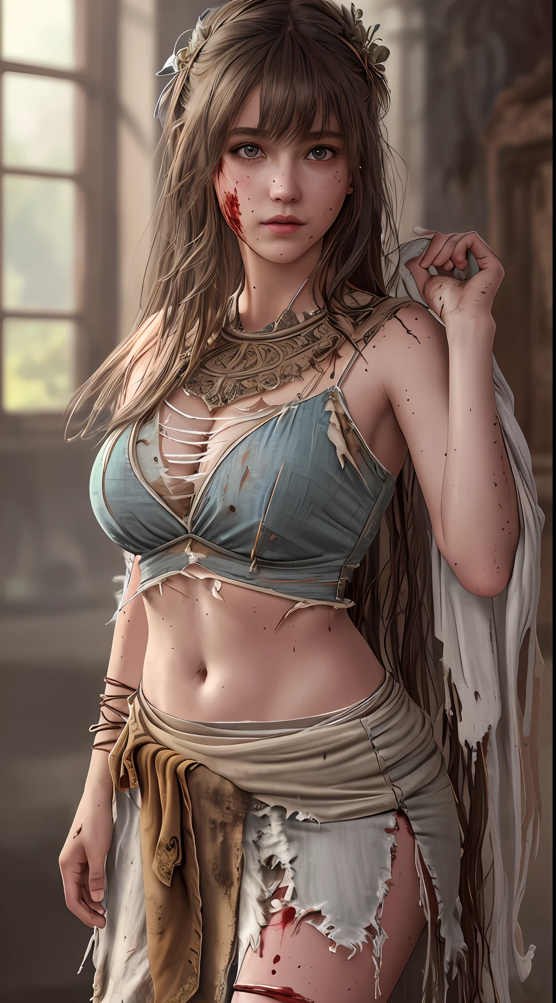8k, best quality, real picture, intricate details, ultra-detailed, ultra higher, depth field,(photorealistic,realistic:1.2),masterpiece, photo of young woman, wearing ancient togas, (bruise, dirty, torn clothes, revealing clothes, blood:1.3), blue eyes, brunette hair, long hair, ripped togas, solo, sun, blue sky,
best quality, realistic, photorealistic, (intricate details:1.2), (delicate detailed), (cinematic light), clear line, sharp focus, realistic face, detailed face,
unity 8k wallpaper, ultra high res, (photorealistic:1.4), looking at viewer