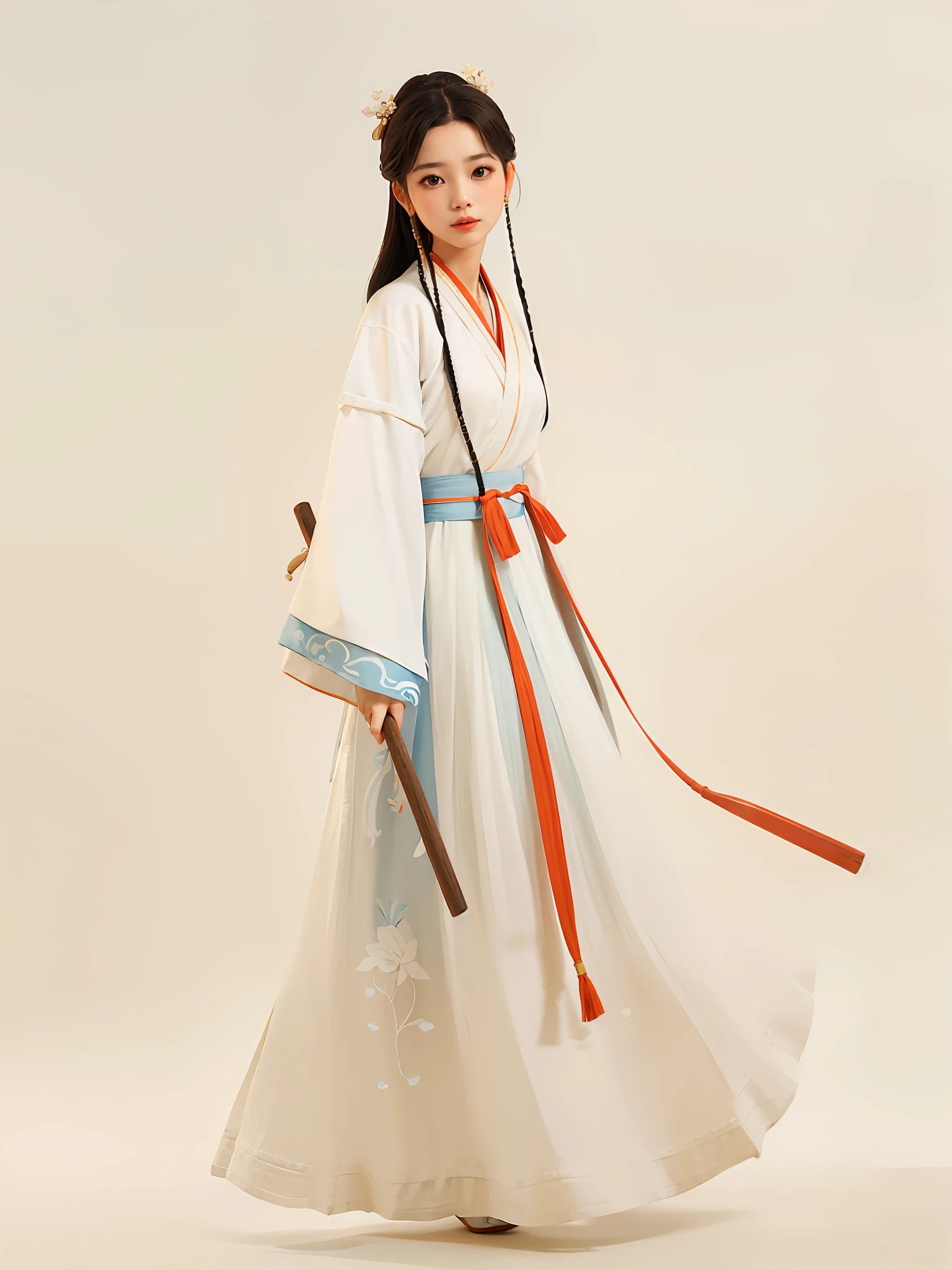 arafed woman in a white and blue dress holding a stick, white hanfu, hanfu, palace ， a girl in hanfu, wearing ancient chinese clothes, with acient chinese clothes, traditional chinese clothing, chinese costume, pale and coloured kimono, traditional dress, traditional clothes, flowing magical robe, classical robes, ancient chinese princess, traditional clothing