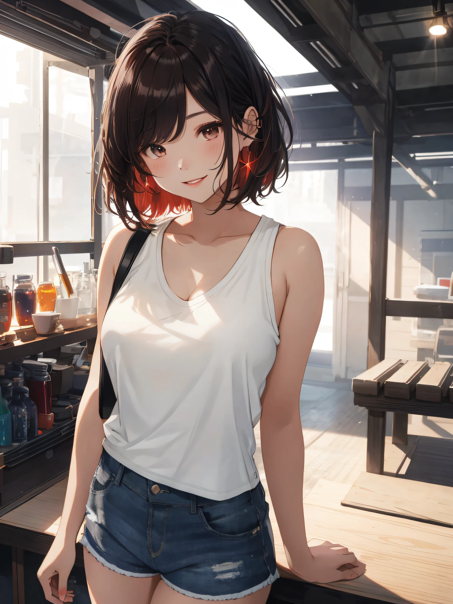 1 girl, beautiful Korean girl, absolutely beautiful, (loose Bob hair), (wearing a sleeveless white casual top, Capri sports shorts: 1.5), wearing headphones (hands in pockets: 1.5), (red lips: 1.3), (big breasts: 1.3), (toned abdomen: 1.3), (eyelashes: 1.2), (aegyo sal: 1.2), (detailed face), immersive background, volumetric haze, global illumination, (flowing hair), (bright smile), natural lighting, (beautiful detail eyes, symmetrical eyes), (photo realism: 1.5), (realistic: 1.4), (8k, RAW photos, masterpieces), high detail RAW color photos, realistic, (highest quality), (best shadows), (best illustration), super high resolution, highly detailed CG unified 8K wallpaper, Physically Based Rendering, Realistic, Realism, High Contrast, Hyperrealism, F1.6 Lens, Rich Colors, Ultra-Realistic Realistic Textures, Cinestill 800)