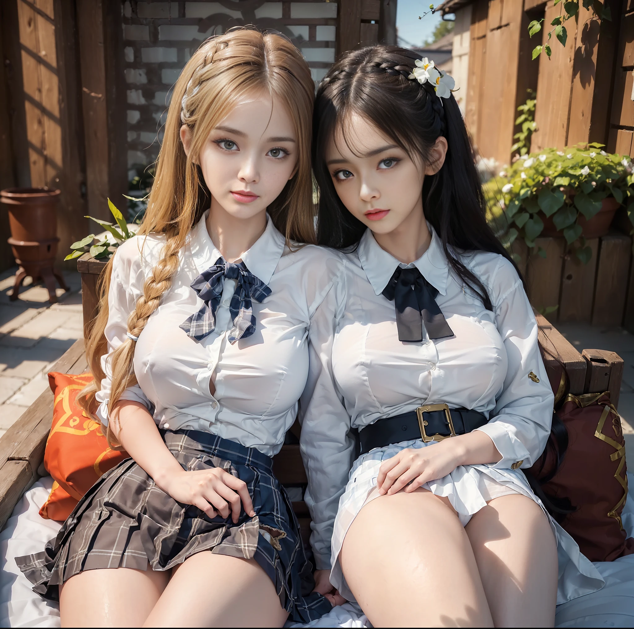 ulzzang-6500-v1.1, (top quality, masterpiece), (raw photo: 1.2), (photorealistic: 1.4), highest quality, master, very tasty and beautiful, highly detailed CG, 8k wallpaper, amazing fine details, master masterpiece, official art, huge file size, high resolution, 2-3 girls, ( snugly next to each other without separation between characters), (there is no break in one piece), teens to thirties, (representation of the human body based on precise anatomy), intricate details, Japan schoolgirl uniform, (neat white blouse of smooth sheer fabric with ribbon tie), (ultra mini navy blue tartan check pleated skirt), ( Everyone is wearing the same clothes), (tightly dressed), (less revealing upper body), (white panties), (fastening all buttons of the blouse)), blonde, (((very large breasts)), (very large women), (very large), (cramped clothes), (no bra), (area shows through skin tone), (dark areolas), small, (big buttocks), ( thin thighs), very beautiful eyes, bright ultramarine eyes, (detailed pupils reflecting light), (the iris of the eye is painted in detail with a fine radial pattern), (the expression of the whites of the eyes is slightly dark), (the upper 30% of the eyes have shadows), no makeup, snug, No makeup, natural eyebrows, realistic shading assuming a light source, cute girl and mature woman beauty, (whitening skin), , smile, long hair half braid, (( poses that emphasize the backward buttocks), cuddling, beautiful gardens with flowers, clear sunshine,