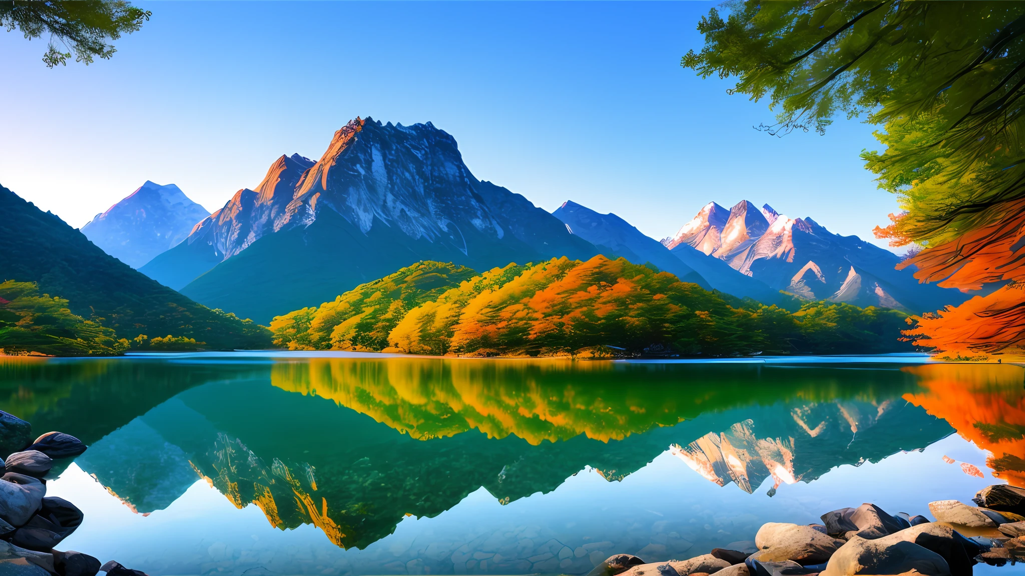 A beautiful Korean mountain and lake, (masterpiece), (portrait), (raw photo), (highly detailed CG unity 8k wallpaper) intricate, sharp focus, dramatic, realistic art