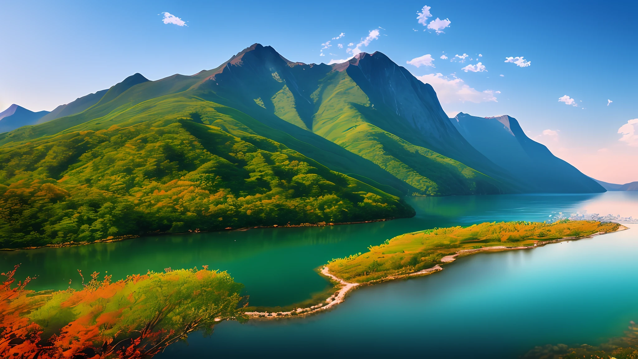A beautiful Korean mountain and lake, (masterpiece), (portrait), (raw photo), (highly detailed CG unity 8k wallpaper) intricate, sharp focus, dramatic, realistic art
