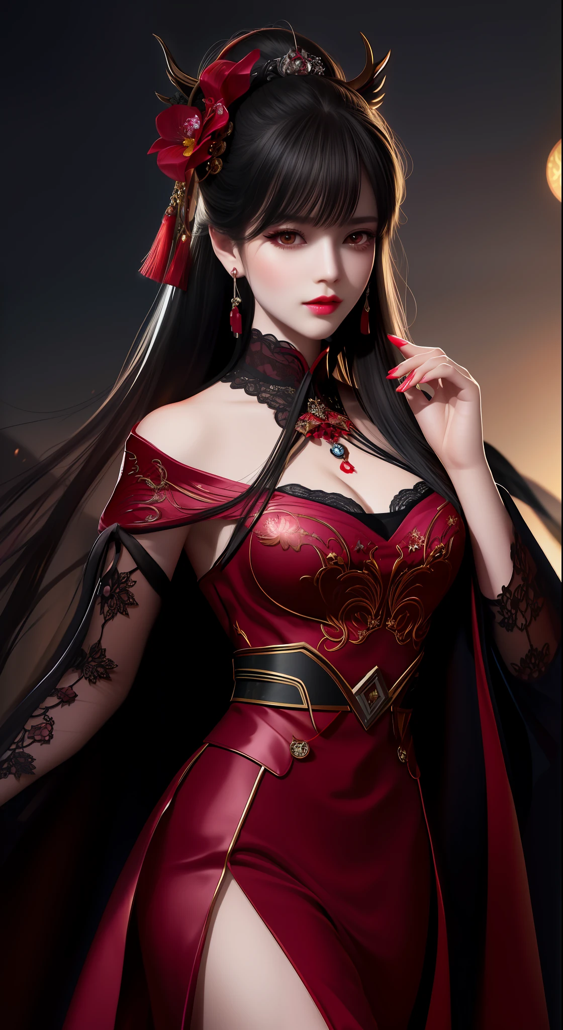 best quality, masterpiece, highres, 1girl, hanfu, white and even teeth, red irises, chinese underwear, hair ornaments, necklace, jewelry, crown jewelry. Pretty face, upper body, magic import style, tyndall effect, photo realistic, dark studio, border light, two tone light, (high detail skin: 1.2), 8k uhd, dslr , soft light, high quality, volumetric light, candid, Photo , high resolution, 4k, 8k, Bokeh, (light pink lips), 1 beautiful demon from hell, In the Dark: 1.6), surreal portraits of women by David Hockney and Alphonse Mucha, fantasy art, photorealism, dynamic lighting, station art, posters, volumetric lighting, highly detailed faces , super 8k, Awarded, in the dark, deep shadow, low light, cowboy lens, (Red phoenix shirt: 1.4), long hair, black hair, bust, luxury palace, Royal style family, devil's crown, red eyes with very sharp and detailed makeup, Best face, Very round and tight breasts, Surreal, chinese women's clothing, turtleneck polo lace top, charming smile, Beautiful eye makeup, guweiz, devil style, black lace stockings, ponytail with a bow at the back, dark red lips, Devil tattoo on shoulder, wearing a nightgown thin lace deep slit chest red black, lace cape, overcast and thunderous landscape, (Portrait), Close-up of main character, (Background detail 1.8),