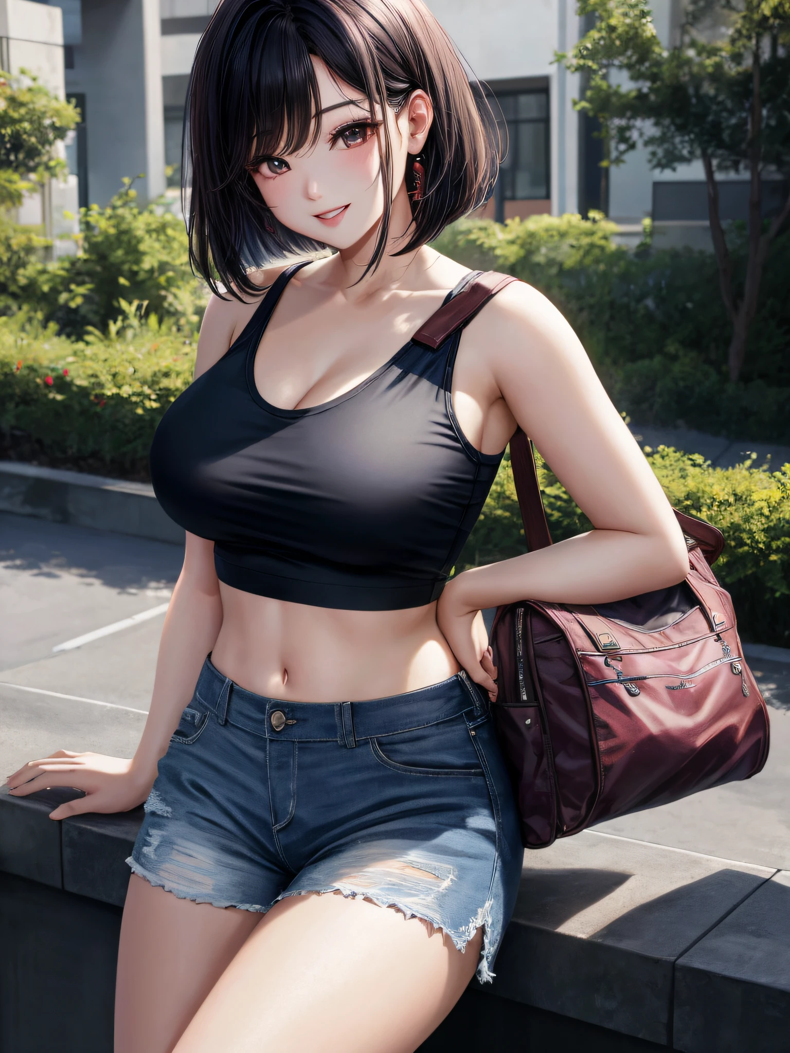 1 girl, beautiful Korean girl, absolutely beautiful, (loose Bob hair), (wearing a sleeveless white casual top, Capri sports shorts: 1.5), wearing headphones (hands in pockets: 1.5), (red lips: 1.3), (big breasts: 1.3), (toned abdomen: 1.3), (eyelashes: 1.2), (aegyo sal: 1.2), (detailed face), immersive background, volumetric haze, global illumination, (flowing hair), (bright smile), natural lighting, (beautiful detail eyes, symmetrical eyes), (photo realism: 1.5), (realistic: 1.4), (8k, RAW photos, masterpieces), high detail RAW color photos, realistic, (highest quality), (best shadows), (best illustration), super high resolution, highly detailed CG unified 8K wallpaper, Physically Based Rendering, Realistic, Realism, High Contrast, Hyperrealism, F1.6 Lens, Rich Colors, Ultra-Realistic Realistic Textures, Cinestill 800)