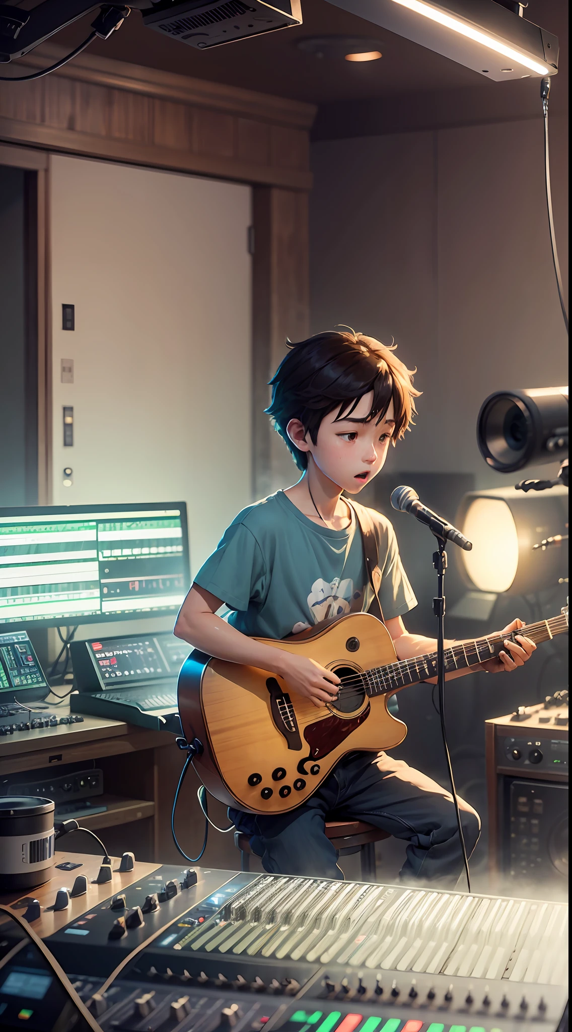 a boy musician in a recording studio full of equipment, by makoto shinkai and ghibli studio, dramatic lighting, highly detailed, amazing quality --air 1080:1350 --v 5 --s 750 -imagine --auto --s2