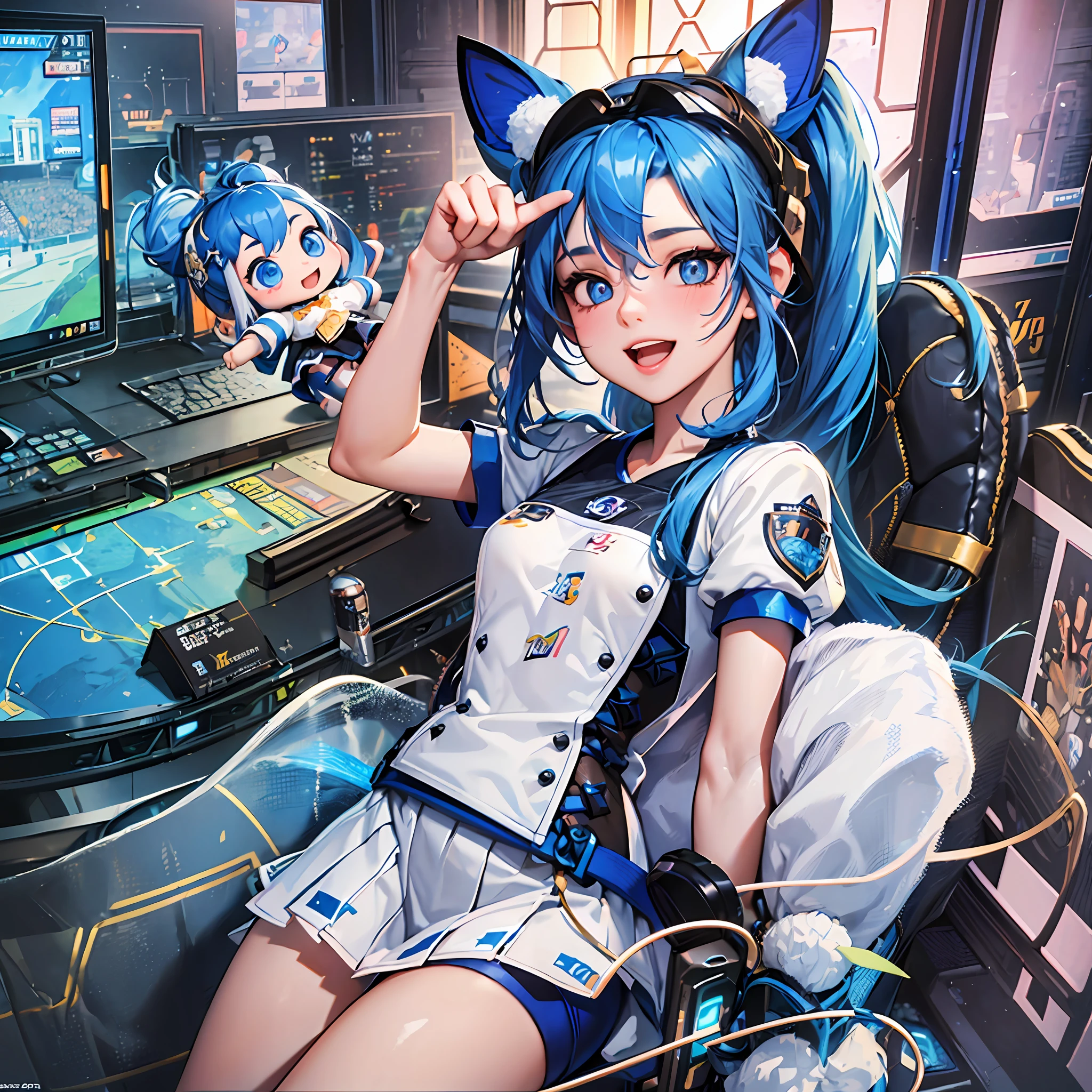 (Masterpiece), (Extreme), (Ultra Detailed), (Prime: 1.9), 1girl, Sunshine, Cute, Blue, Doll, Smile, Open Mouth, (Esports), Blush, Esports Room, Games, Long Hair, Blue, Blue Headgear, Firm, Short Sleeves, Bazi Braces, Blue Hair, (Beautiful and Delicate Face), (Beautiful Delicate Eyes), (3D:1.4), --auto --s2