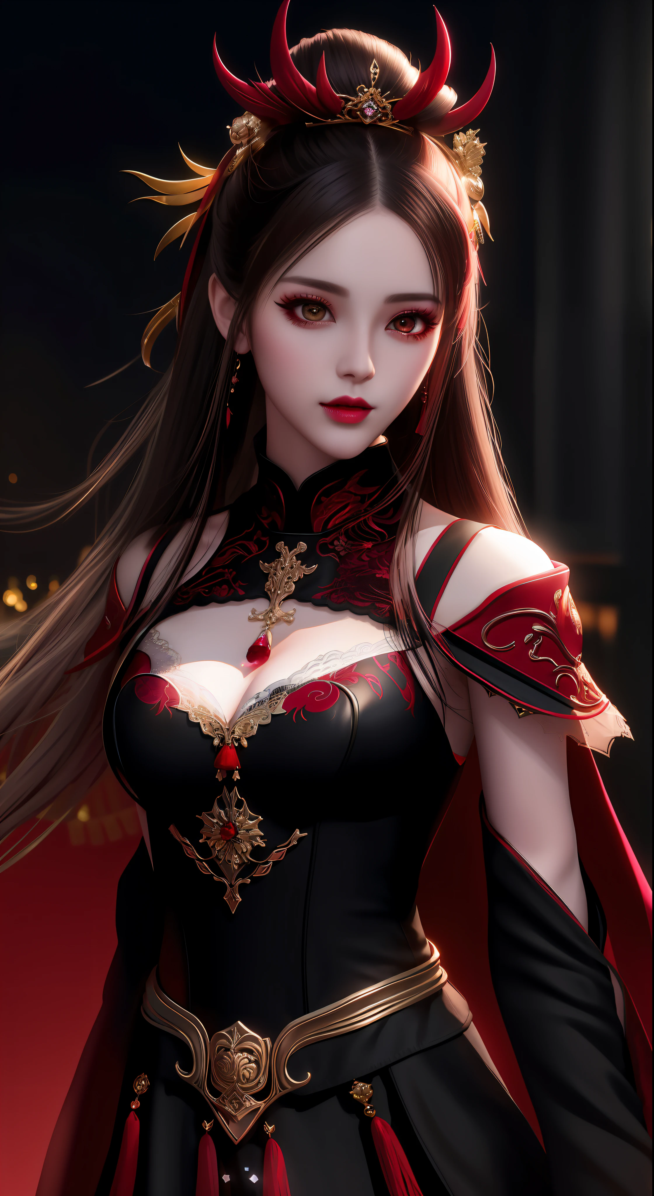 best quality, masterpiece, highres, 1girl, hanfu, white and even teeth, red irises, chinese underwear, hair ornaments, necklace, jewelry, crown jewelry. Pretty face, upper body, magic import style, tyndall effect, photo realistic, dark studio, border light, two tone light, (high detail skin: 1.2), 8k uhd, dslr , soft light, high quality, volumetric light, candid, Photo , high resolution, 4k, 8k, Bokeh, (light pink lips), 1 beautiful demon from hell, In the Dark: 1.6), surreal portraits of women by David Hockney and Alphonse Mucha, fantasy art, photorealism, dynamic lighting, station art, posters, volumetric lighting, highly detailed faces , super 8k, Awarded, in the dark, deep shadow, low light, cowboy lens, (Red phoenix shirt: 1.4), long hair, black hair, bust, luxury palace, Royal style family, devil's crown, red eyes with very sharp and detailed makeup, Best face, Very round and tight breasts, Surreal, chinese women's clothing, turtleneck polo lace top, charming smile, Beautiful eye makeup, guweiz, devil style, black lace stockings, ponytail with a bow at the back, dark red lips, Devil tattoo on shoulder, wearing a nightgown thin lace deep slit chest red black, lace cape, overcast and thunderous landscape, (Portrait), Close-up of main character, (Background detail 1.8),