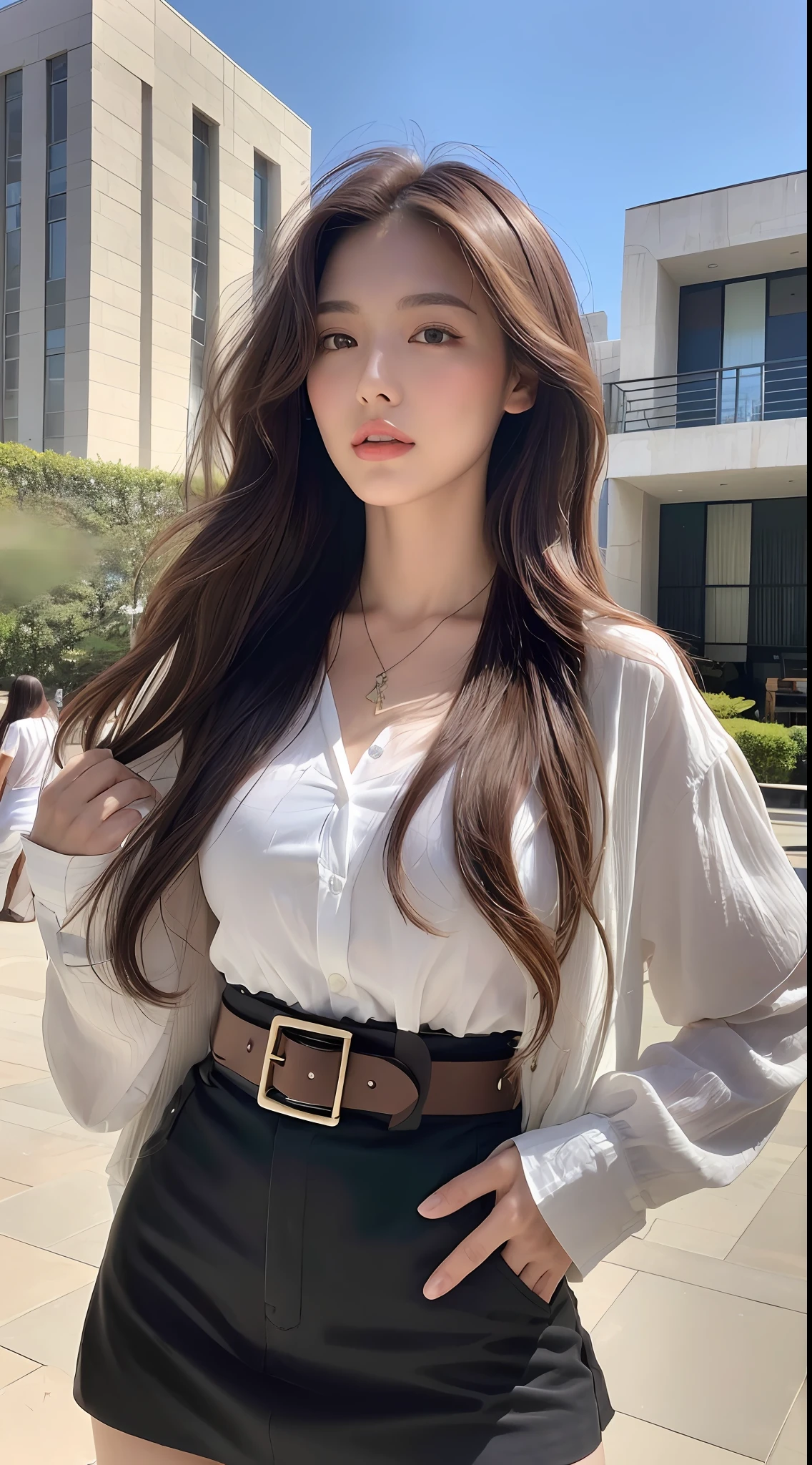 (Best quality, High resolution, Masterpiece :1.3), A tall and pretty woman, Slender abs, Dark brown hair styled in loose waves, Breasts, Wearing pendant, White button up shirt, Belt, Miniskirt, (Modern architecture in background), Details exquisitely rendered in the face and skin texture, Detailed eyes, Double eyelid