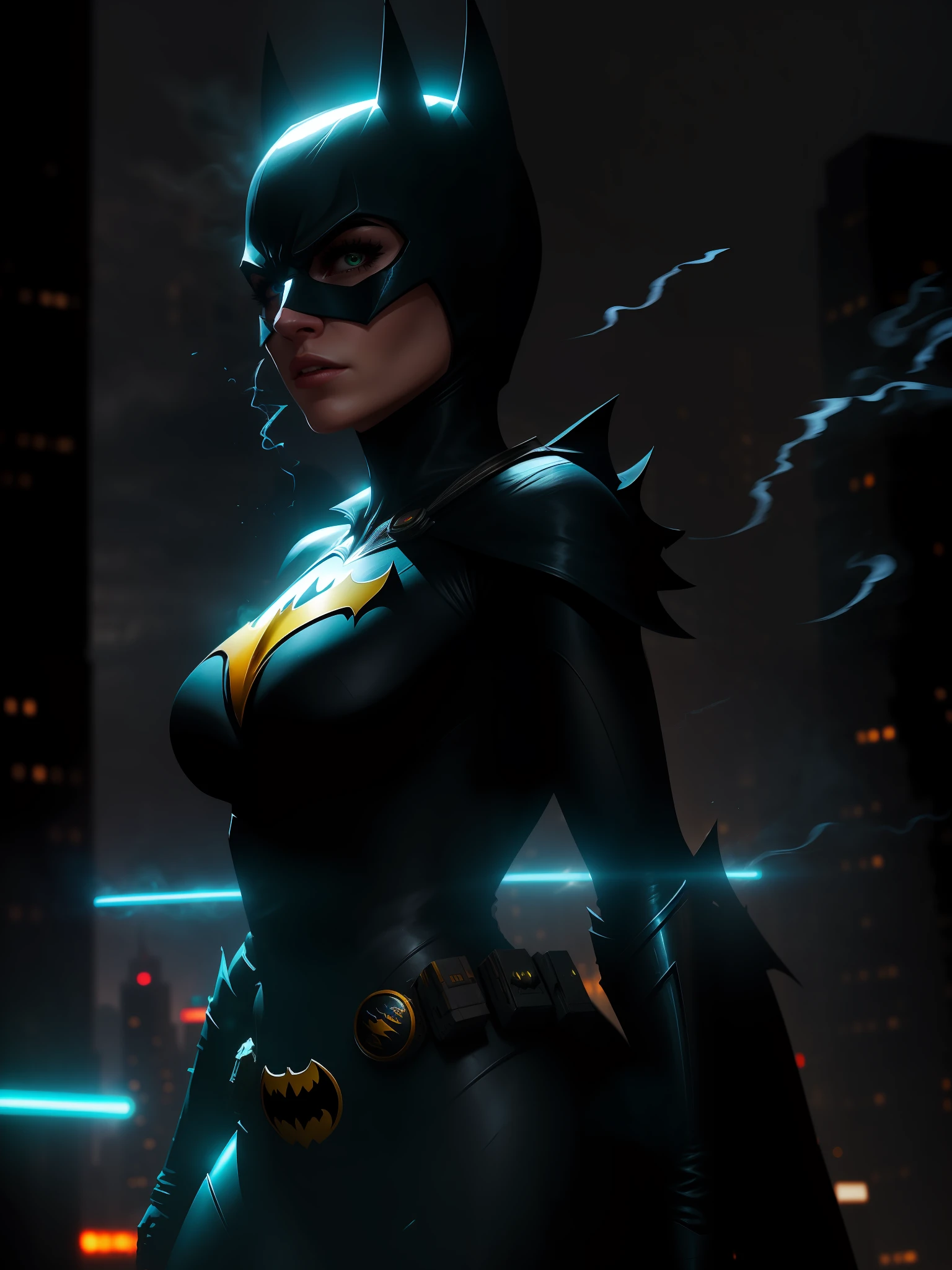Scene from the movie, Woman dressed as Batman from DC, extremely detailed, futuristic cityscape, nighttime, glowing neon lights, smoke, sparks, metal shavings, flying debris, blue energy effects, volumetric light