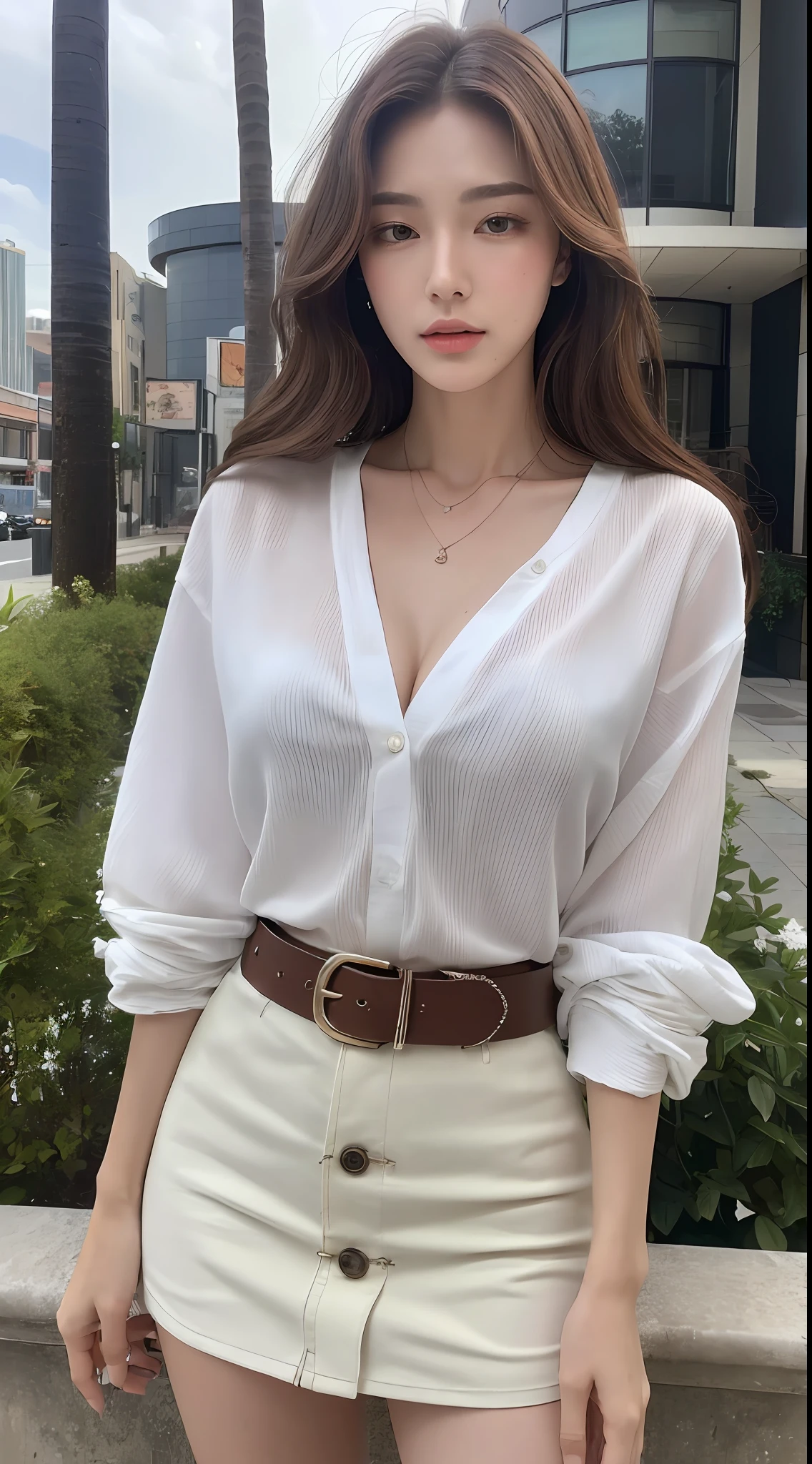 (Best quality, High resolution, Masterpiece :1.3), A tall and pretty woman, Slender abs, Dark brown hair styled in loose waves, Breasts, Wearing pendant, White button up shirt, Belt, Miniskirt, (Modern architecture in background), Details exquisitely rendered in the face and skin texture, Detailed eyes, Double eyelid