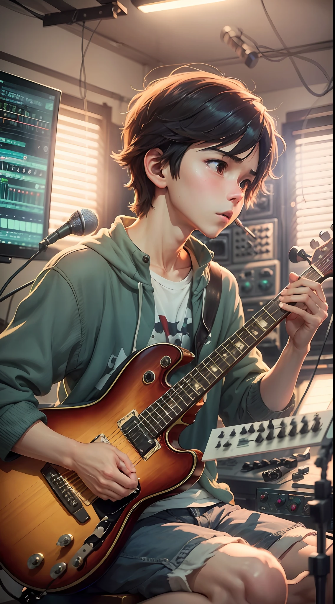 a boy musician in a recording studio full of equipment, by makoto shinkai and ghibli studio, dramatic lighting, highly detailed, amazing quality --air 1080:1350 --v 5 --s 750 -imagine --auto --s2