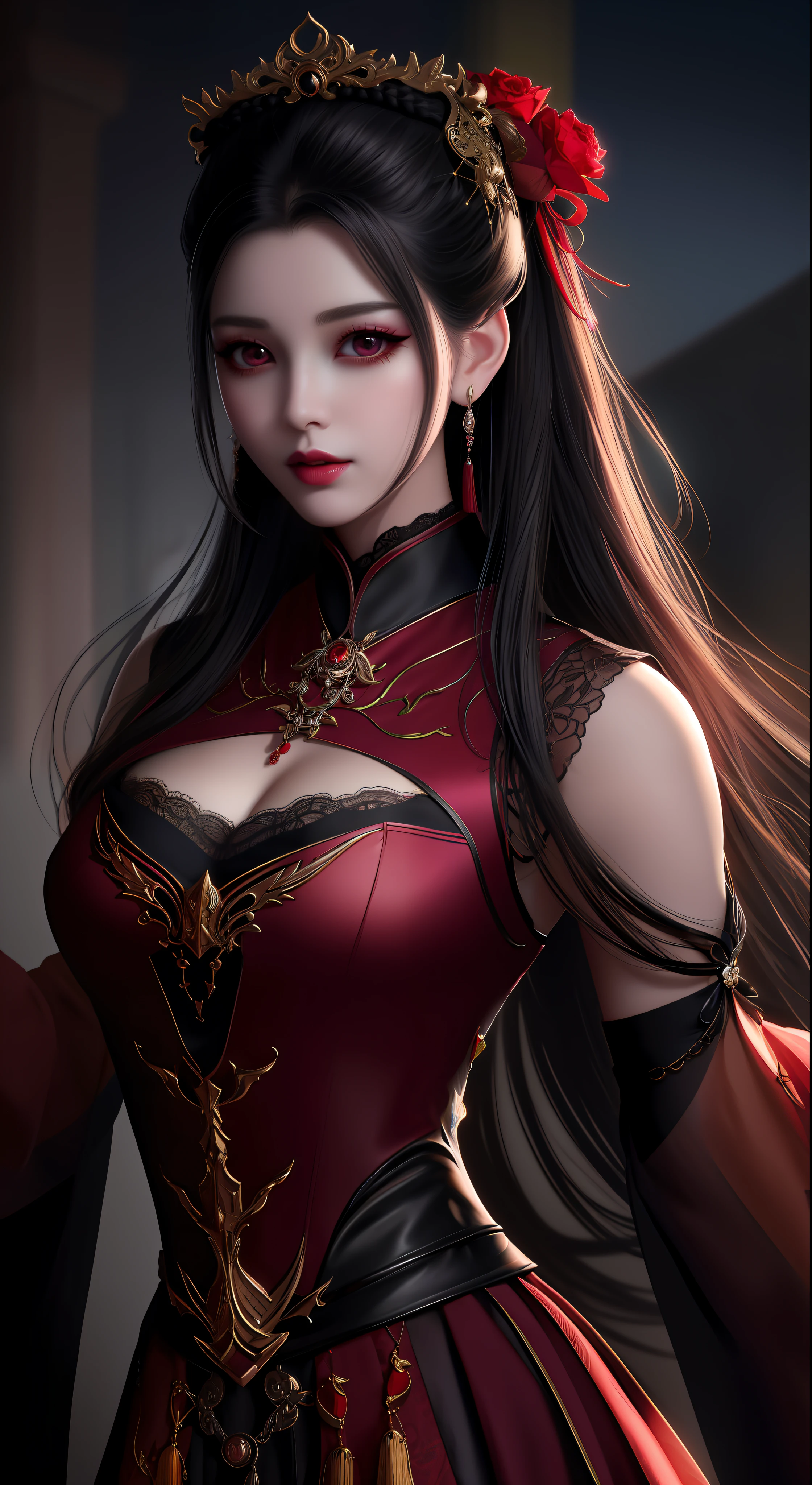 best quality, masterpiece, highres, 1girl, hanfu, white and even teeth, red irises, chinese underwear, hair ornaments, necklace, jewelry, crown jewelry. Pretty face, upper body, magic import style, tyndall effect, photo realistic, dark studio, border light, two tone light, (high detail skin: 1.2), 8k uhd, dslr , soft light, high quality, volumetric light, candid, Photo , high resolution, 4k, 8k, Bokeh, (light pink lips), 1 beautiful demon from hell, In the Dark: 1.6), surreal portraits of women by David Hockney and Alphonse Mucha, fantasy art, photorealism, dynamic lighting, station art, posters, volumetric lighting, highly detailed faces , super 8k, Awarded, in the dark, deep shadow, low light, cowboy lens, (Red phoenix shirt: 1.4), long hair, black hair, bust, luxury palace, Royal style family, devil's crown, red eyes with very sharp and detailed makeup, Best face, Very round and tight breasts, Surreal, chinese women's clothing, turtleneck polo lace top, charming smile, Beautiful eye makeup, guweiz, devil style, black lace stockings, ponytail with a bow at the back, dark red lips, Devil tattoo on shoulder, wearing a nightgown thin lace deep slit chest red black, lace cape, overcast and thunderous landscape, (Portrait), Close-up of main character, (Background detail 1.8),