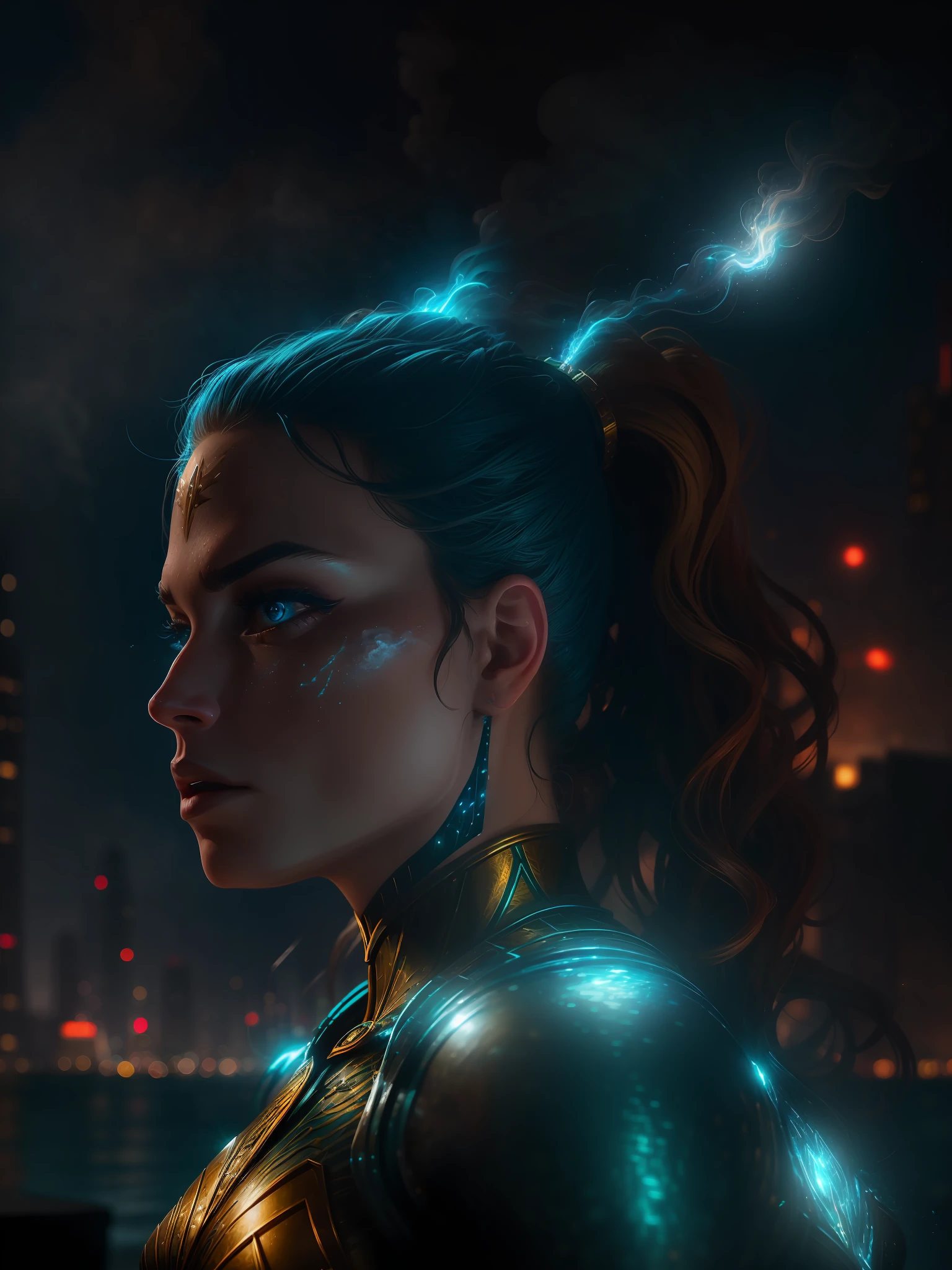 Scene from the movie, Woman dressed as Aquaman from DC, extremely detailed, futuristic cityscape, nighttime, glowing neon lights, smoke, sparks, metal shavings, flying debris, blue energy effects, volumetric light