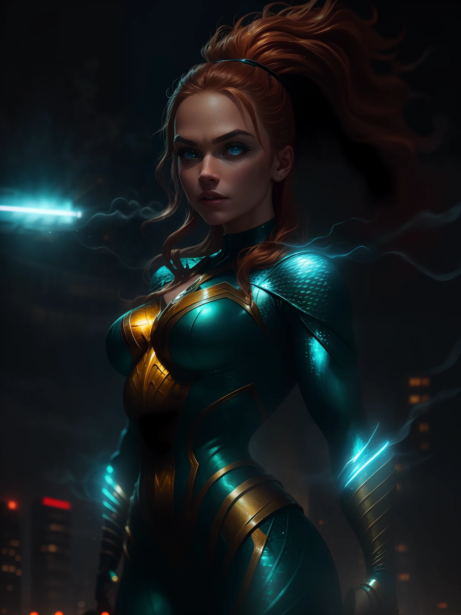 Scene from the movie, Woman dressed as Aquaman from DC, extremely detailed, futuristic cityscape, nighttime, glowing neon lights, smoke, sparks, metal shavings, flying debris, blue energy effects, volumetric light