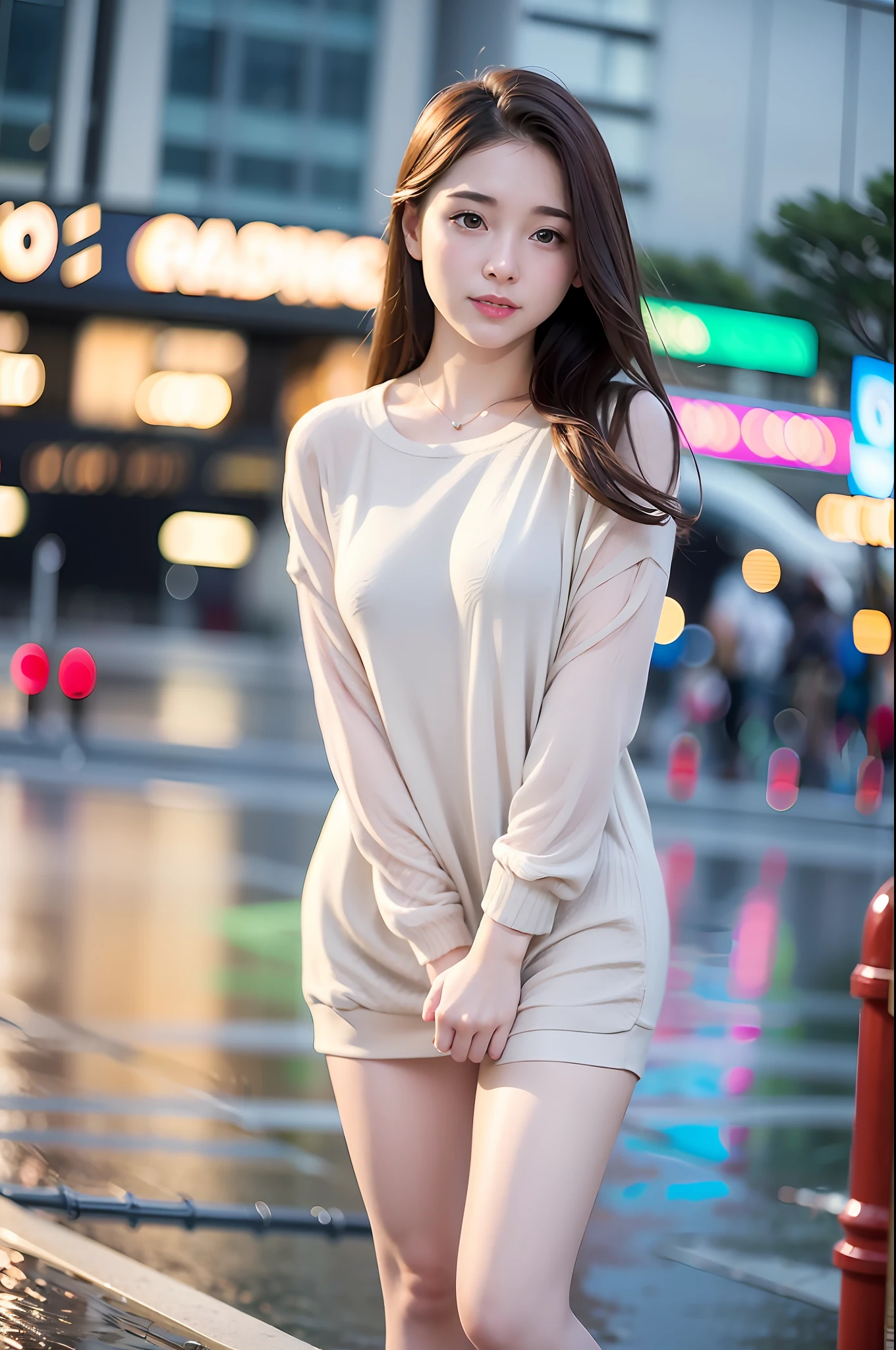 mix4, (8k, raw photography, top quality, masterpiece: 1.2), (realistic, photorealistic: 1.37), 1 girl, cute, cityscape, night, rain, wet, professional lighting, photon mapping, radiosity, physics-based rendering