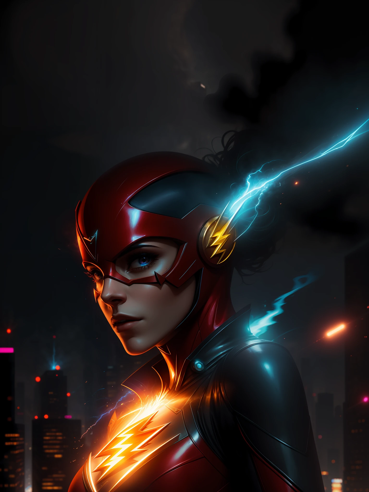 Scene from the movie, Woman dressed as Flash from DC, extremely detailed, futuristic cityscape, nighttime, glowing neon lights, smoke, sparks, metal shavings, flying debris, blue energy effects, volumetric light