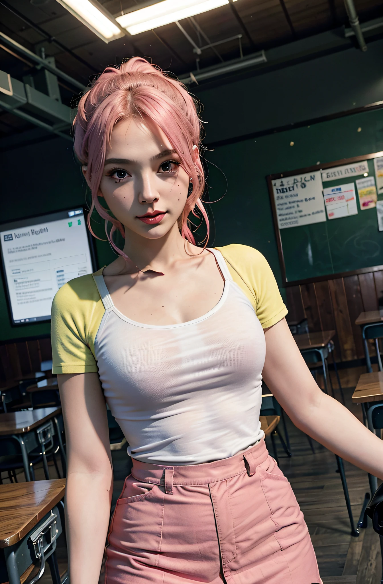 1girl, pink hair, red eyes, mid-chest, uniform, classroom, bare shoulder,