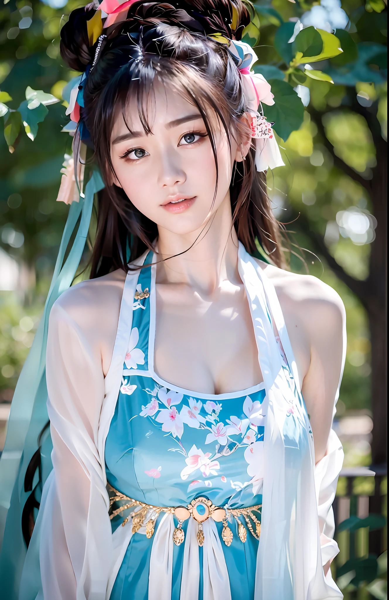 ulzang-6500-v1.1, (original photo: 1.2), (photo realism: 1.4)) best quality, beautiful, beautiful, beautiful, beautiful, extremely detailed, unity, 8k beautiful wallpaper, beautiful details, masterpiece, quality BEST, OFFICIAL ART, VERY DETAILED, VERY RIDICULOUS, HIGH RESOLUTION, BEAUTIFUL, BEAUTIFUL EYES AND FACE DETAIL, CINEMA LIGHTING, 1 GIRL, PERSPECTIVE, LOOKING AT VIEWER, FULL BODY, FULL BODY, OUTDOORS, HANDS In the back, (Hanfu)