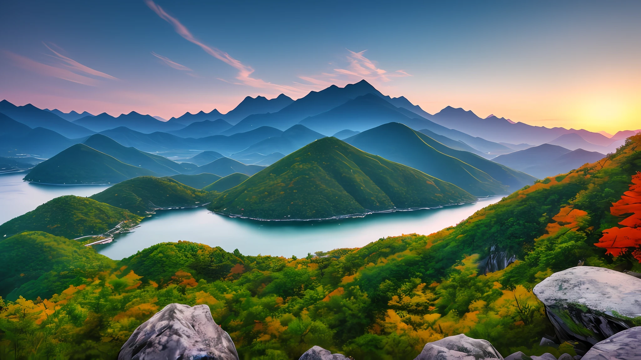 A beautiful Korean mountain and lake, (masterpiece), (portrait), (raw photo), (highly detailed CG unity 8k wallpaper) intricate, sharp focus, dramatic, realistic art