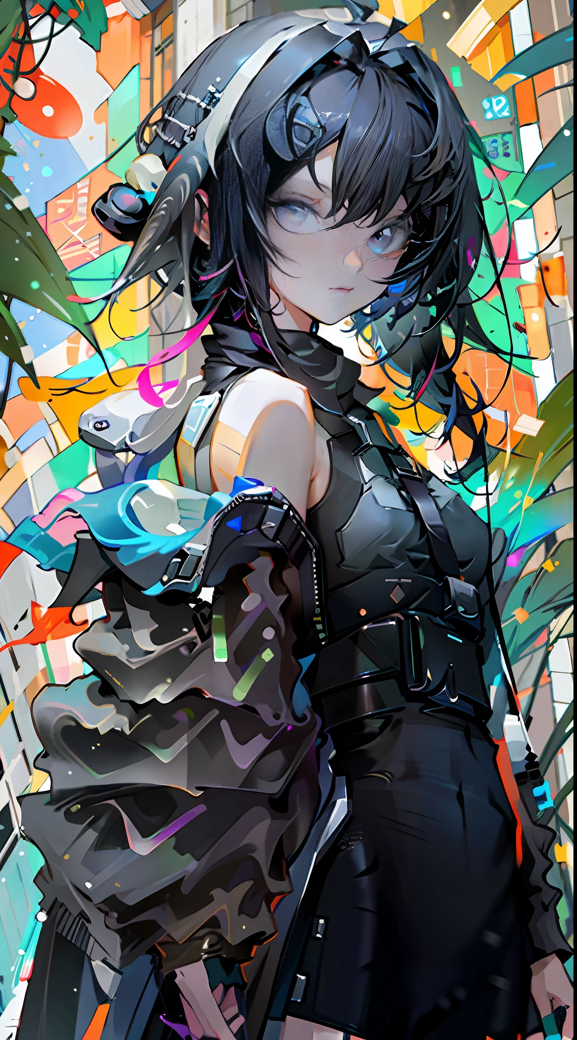 {{masterpiece}}, best quality, extremely detailed CG unity 8k wallpaper, cinematic lighting, lens flare, beautiful detail eyes, black, side glance, multicolor hair, colorful light, particles, heterochromia, (colorful:1.5), (colorful hair:1.5),