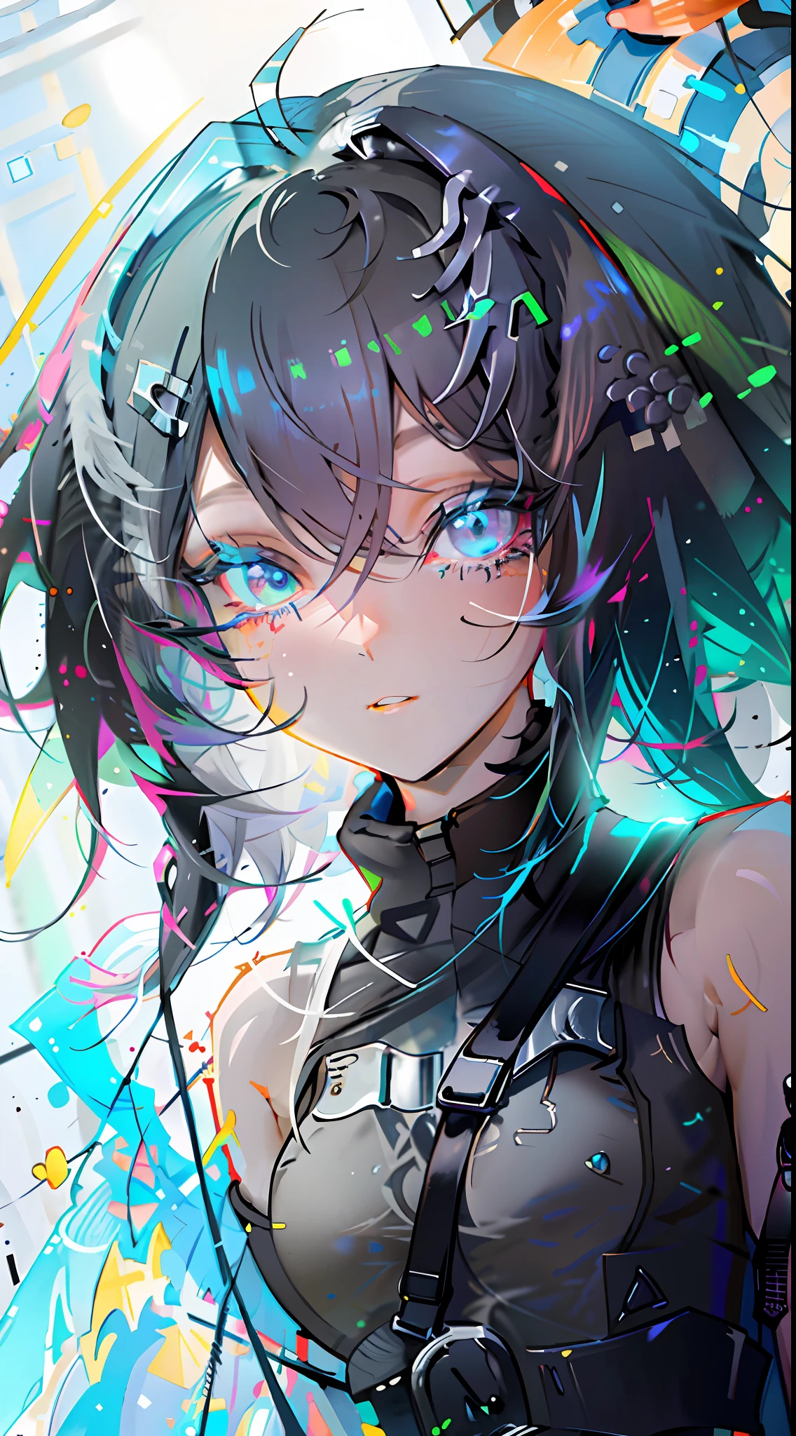 {{masterpiece}}, best quality, extremely detailed CG unity 8k wallpaper, cinematic lighting, lens flare, beautiful detail eyes, black,  side glance,  multicolor hair, colorful light, particles, heterochromia, (colorful:1.5), (colorful hair:1.5),