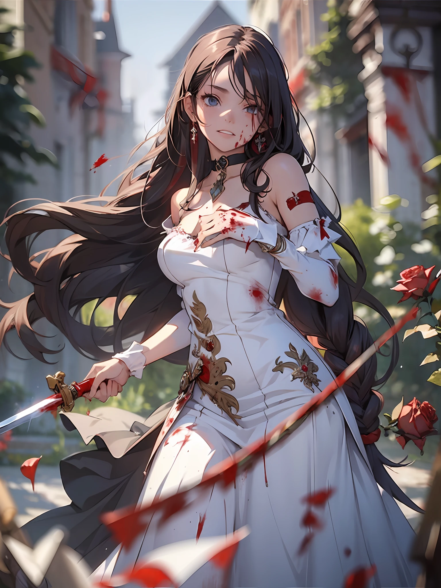 (masterpiece best quality:1.4), anime, 1girl, solo, black|red hair, long hair, sword, hands on hilt, weapon, white wedding dress, killing, laughing, crazy, blurry background, blurry, jewelry, long hair, solo focus, chain, bracelet, standing, bare shoulders, holding, floating rose petal, rose, blood, (bloodstain:1.5), long dress, choker, depth of field, soft lighting,
