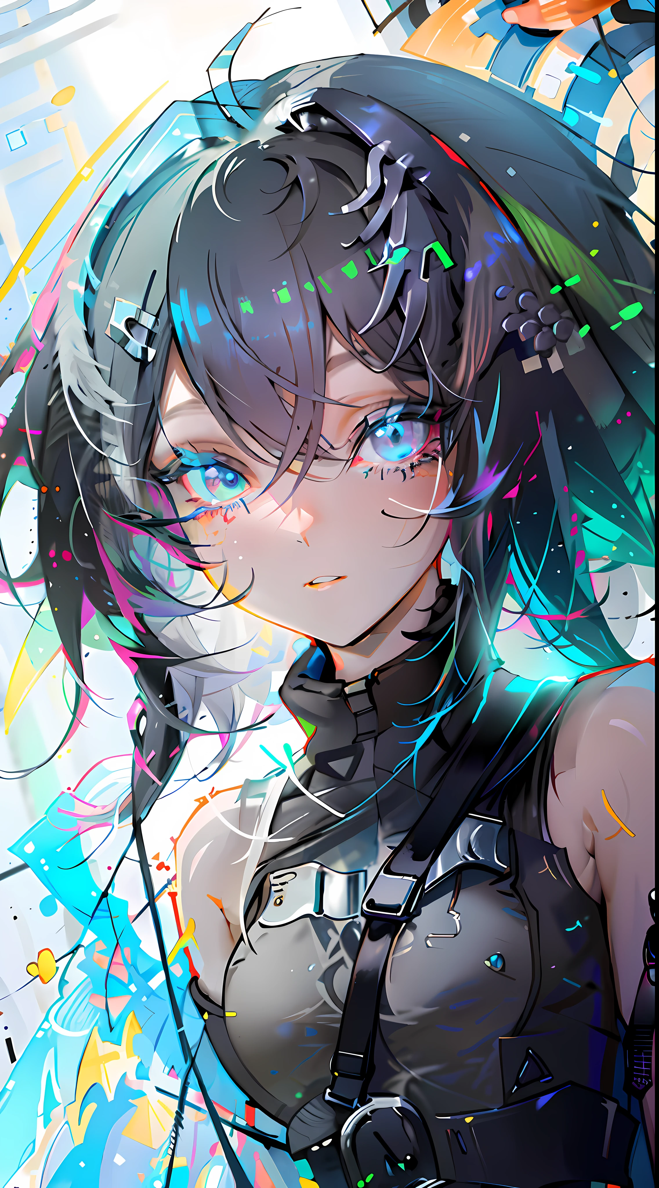 {{masterpiece}}, best quality, extremely detailed CG unity 8k wallpaper, cinematic lighting, lens flare, beautiful detail eyes, black, side glance, multicolor hair, colorful light, particles, heterochromia, (colorful:1.5), (colorful hair:1.5),