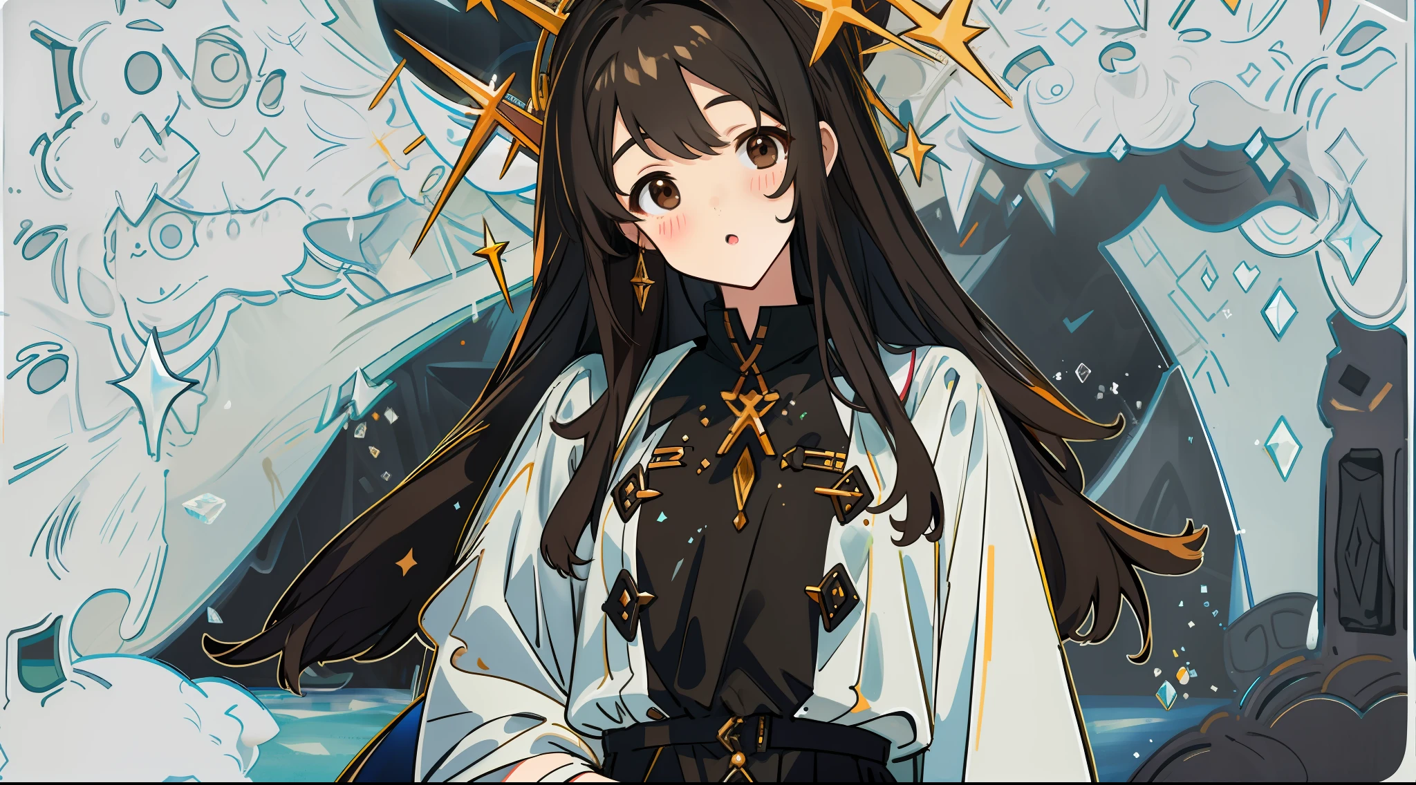 a cute teenage girl, about 160cm tall, brown eyes, bright and cute colors clothes, long straight black hair, casual clothes, icy dress