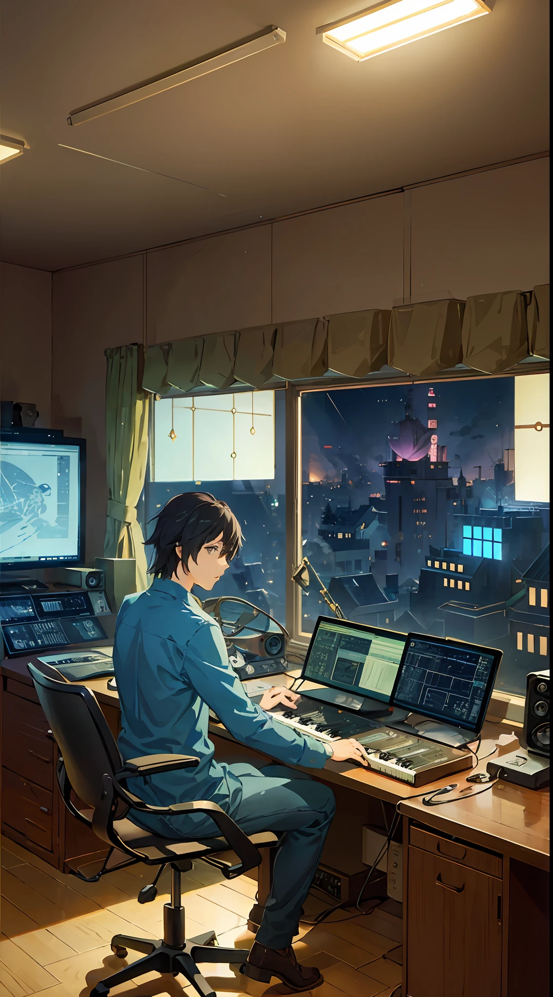 Man musician in a recording studio full of equipment, by makoto shinkai and ghibli studio, dramatic lighting, highly detailed, amazing quality --air 1080:1350 --v 5 --s 750 -imagine --auto --s2