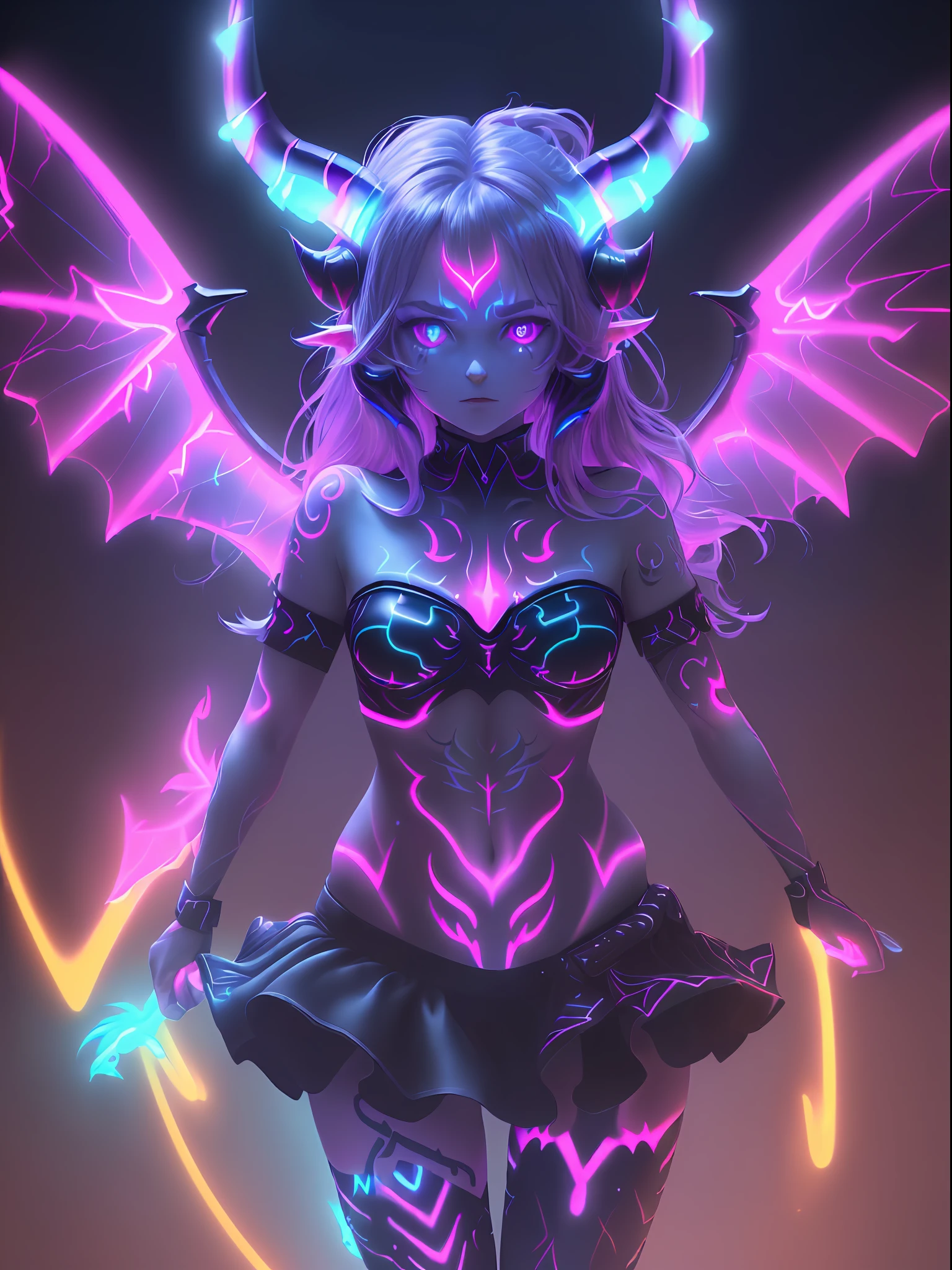 (Best Quality, UHD, 8K, Masterpiece:1.5), devil girl, wings, neon, ((glowing horn:1.3, glowing tattoo:1.3, glowing eyes:1.3))