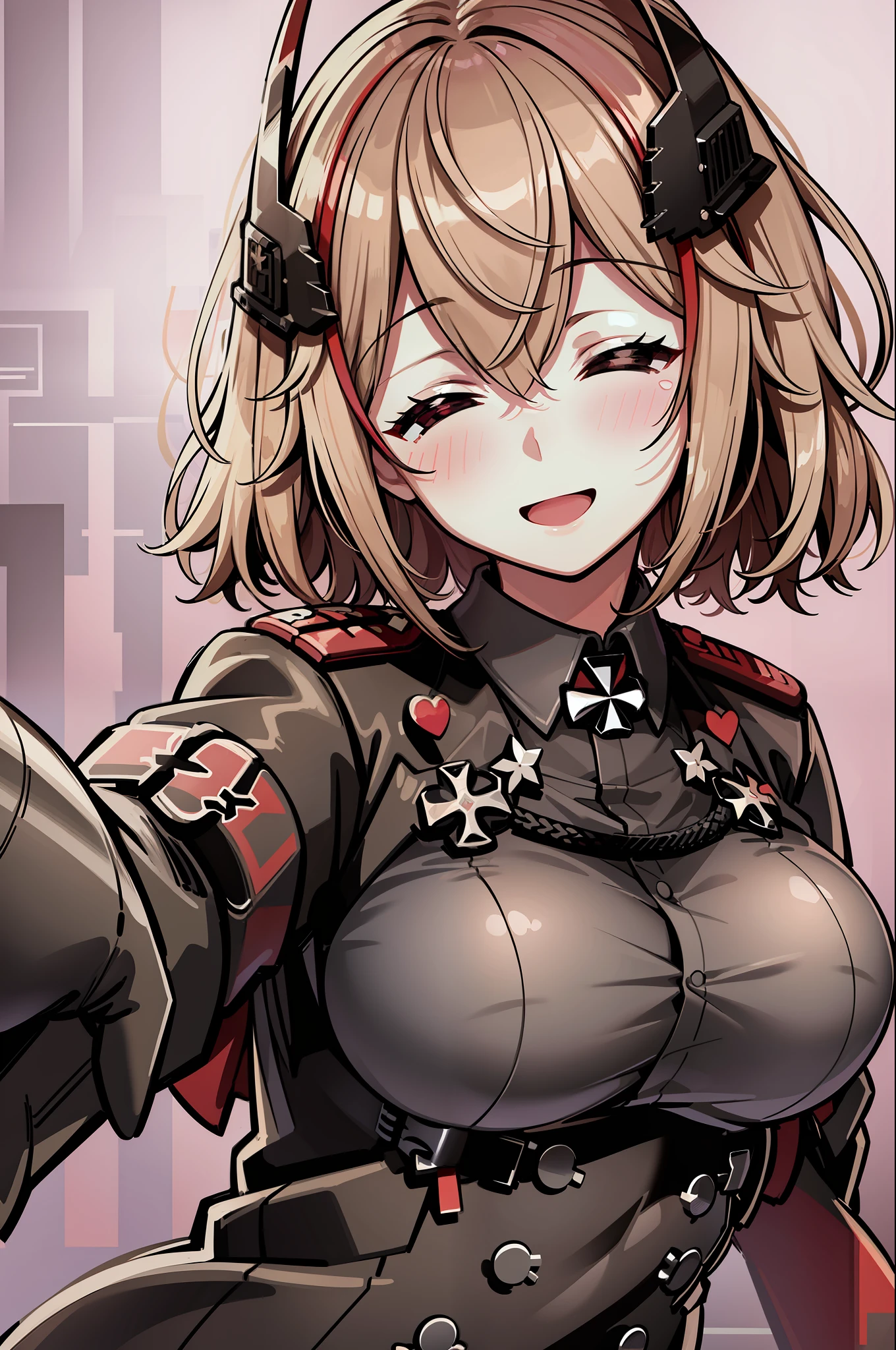 masterpiece, best quality, RoonV4, 1girl, solo, blush, smile, open mouth, simple background, shirt, long sleeves, white background, jacket, closed eyes, upper body, heart, black jacket, headgear, outstretched arms, cross, reaching towards viewer, iron cross