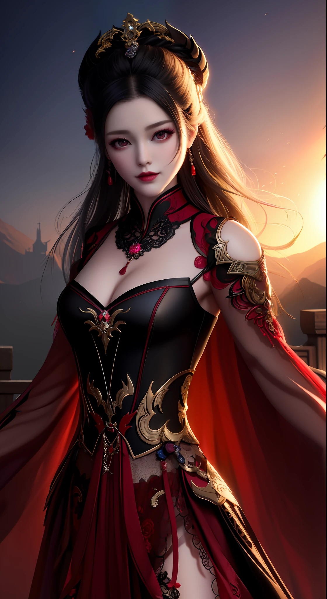 best quality, masterpiece, highres, 1girl, hanfu, white and even teeth, red irises, chinese underwear, hair ornaments, necklace, jewelry, crown jewelry. Pretty face, upper body, magic import style, tyndall effect, photo realistic, dark studio, border light, two tone light, (high detail skin: 1.2), 8k uhd, dslr , soft light, high quality, volumetric light, candid, Photo , high resolution, 4k, 8k, Bokeh, (light pink lips), 1 beautiful demon from hell, In the Dark: 1.6), surreal portraits of women by David Hockney and Alphonse Mucha, fantasy art, photorealism, dynamic lighting, station art, posters, volumetric lighting, highly detailed faces , super 8k, Awarded, in the dark, deep shadow, low light, cowboy lens, (Red phoenix shirt: 1.4), long hair, black hair, bust, luxury palace, Royal style family, devil's crown, red eyes with very sharp and detailed makeup, Best face, Very round and tight breasts, Surreal, chinese women's clothing, turtleneck polo lace top, charming smile, Beautiful eye makeup, guweiz, devil style, black lace stockings, ponytail with a bow at the back, dark red lips, Devil tattoo on shoulder, wearing a nightgown thin lace deep slit chest red black, lace cape, overcast and thunderous landscape, (Portrait), Close-up of main character, (Background detail 1.8),