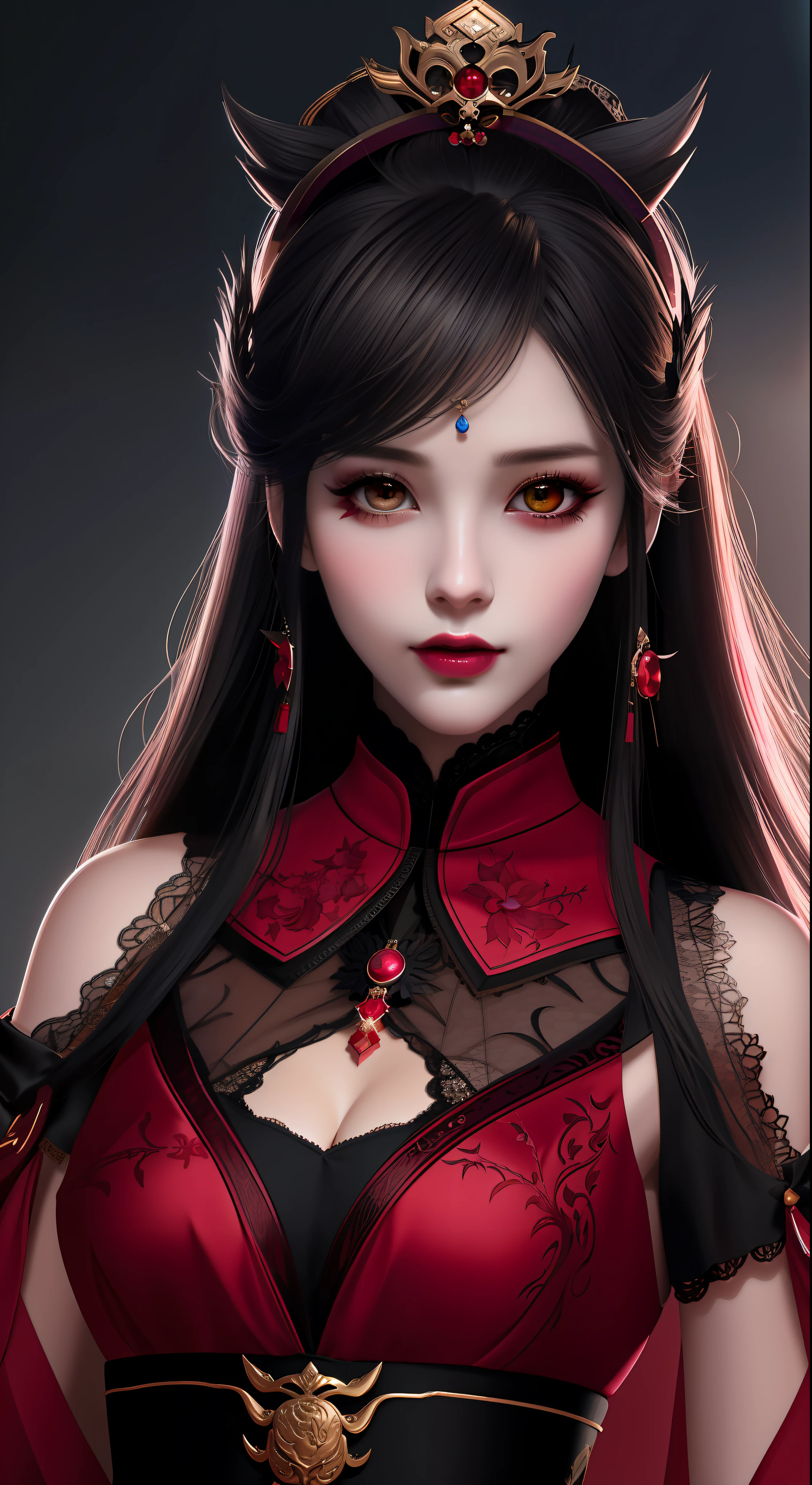 best quality, masterpiece, highres, 1girl, hanfu, white and even teeth, red irises, chinese underwear, hair ornaments, necklace, jewelry, crown jewelry. Pretty face, upper body, magic import style, tyndall effect, photo realistic, dark studio, border light, two tone light, (high detail skin: 1.2), 8k uhd, dslr , soft light, high quality, volumetric light, candid, Photo , high resolution, 4k, 8k, Bokeh, (light pink lips), 1 beautiful demon from hell, In the Dark: 1.6), surreal portraits of women by David Hockney and Alphonse Mucha, fantasy art, photorealism, dynamic lighting, station art, posters, volumetric lighting, highly detailed faces , super 8k, Awarded, in the dark, deep shadow, low light, cowboy lens, (Red phoenix shirt: 1.4), long hair, black hair, bust, luxury palace, Royal style family, devil's crown, red eyes with very sharp and detailed makeup, Best face, Very round and tight breasts, Surreal, chinese women's clothing, turtleneck polo lace top, charming smile, Beautiful eye makeup, guweiz, devil style, black lace stockings, ponytail with a bow at the back, dark red lips, Devil tattoo on shoulder, wearing a nightgown thin lace deep slit chest red black, lace cape, overcast and thunderous landscape, (Portrait), Close-up of main character, (Background detail 1.8),