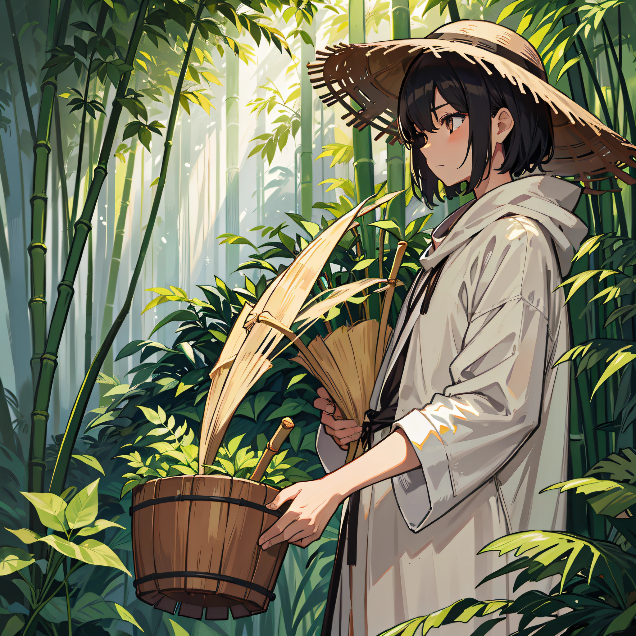 In the distance, gorgeous light and shadow against the dense bamboo forest, gradually drifting away. The bamboo leaves are jagged and swaying, showing natural beauty with the wind, and in it appears the boy with a bucket hat, holding a fresh bamboo fan and fanning lightly. The breeze blows, and the cloak turns up, making a soft sound.