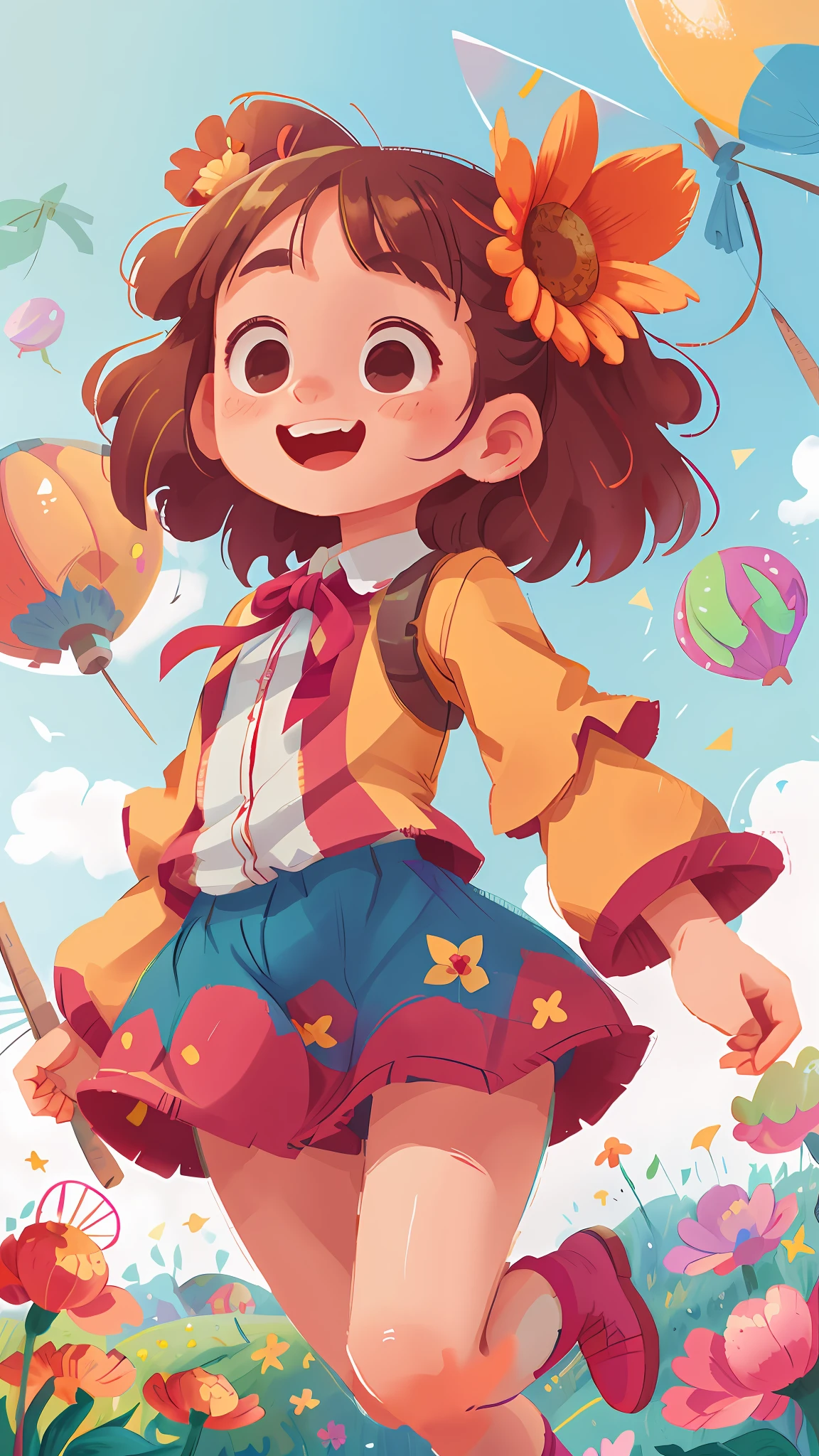 A girl holding a windmill, colorful balloons floating in the sky, meadows, dancing, holding flowers, happy, happy, perfect quality, clear focus (clutter-home: 0.8), (masterpiece: 1.2) (Realistic: 1.2) (Bokeh) (Best quality) (Detailed skin: 1.3) (Intricate details) (8K) (Detail eyes) (Sharp focus), (Happy)