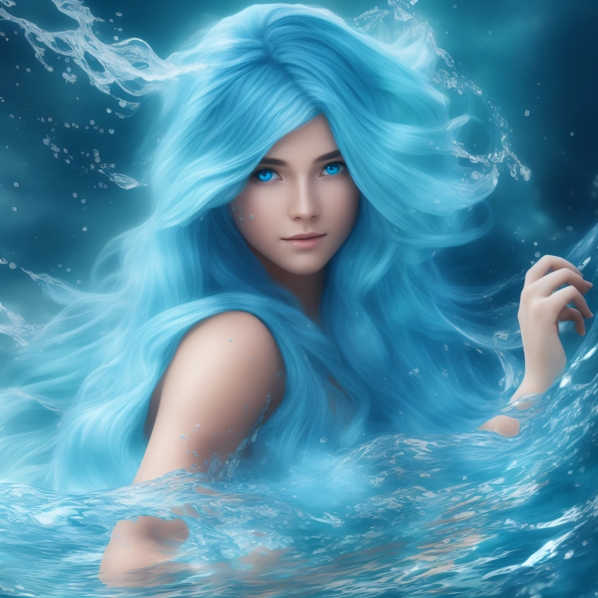She is a beautiful water spirit, the spirit hair is flowing and transparent blue, it looks like a waterfall, the eye color is aquamarine, reflecting the depth of the sea. It is surrounded by a gentle mist and has a fantastic and enchanting appearance. Water Spirit's skin is glowing and glowing with a soft blue hue, Water Spirit gentle and seductive, photorealistic, masterpiece, highest quality, super detailed, HDR, 8K