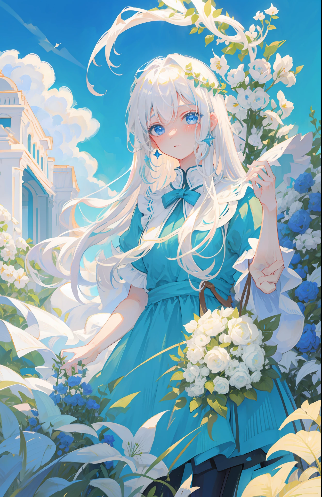 Woman with white hair, blue eyes, blushing, royalty, nobility, princess, green dress, garden, starry sky, blushing, surprised, high quality, highly detailed, detailed face