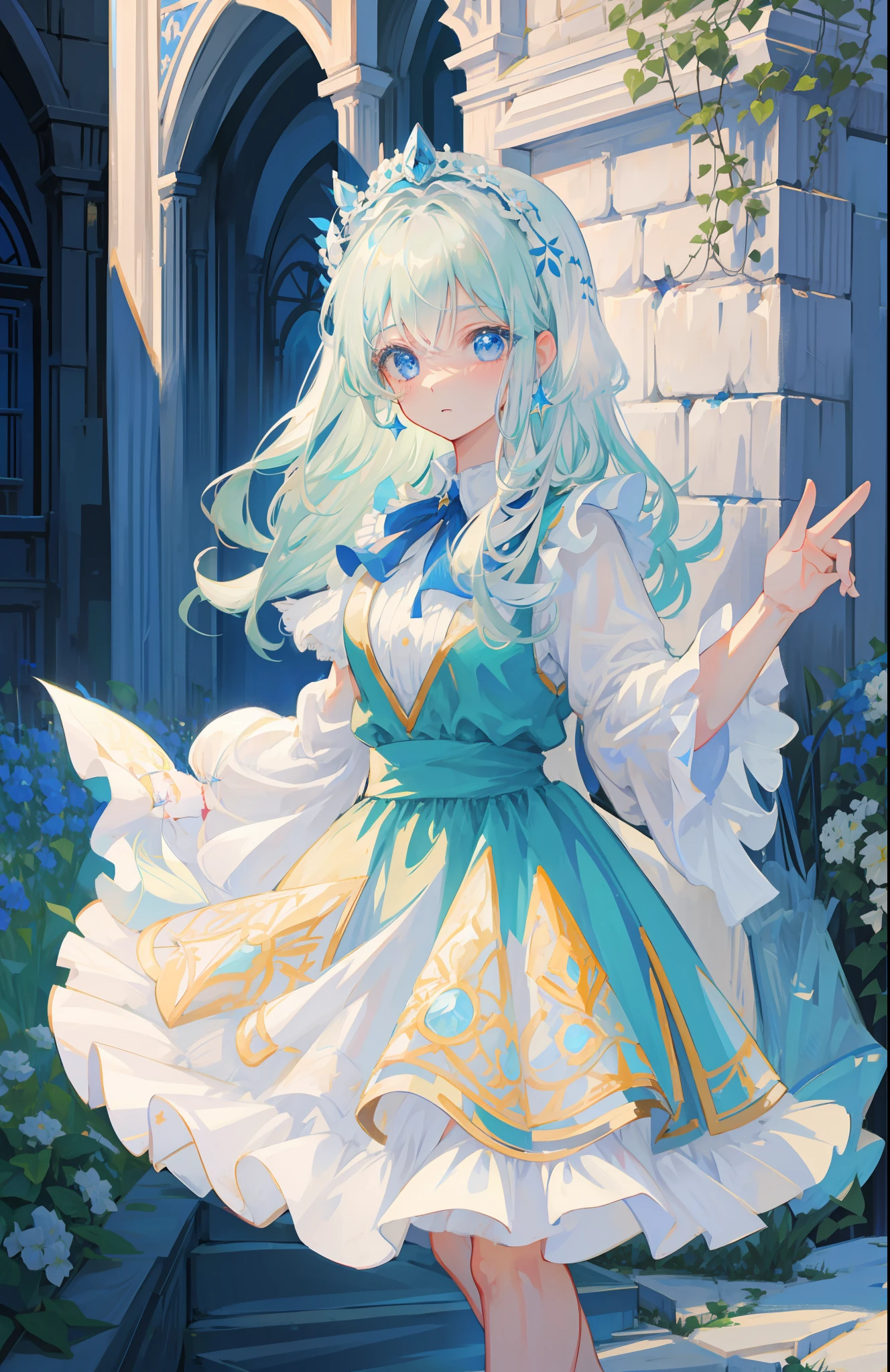 Woman with white hair, blue eyes, blushing, royalty, nobility, princess, green dress, garden, starry sky, blushing, surprised, high quality, highly detailed, detailed face